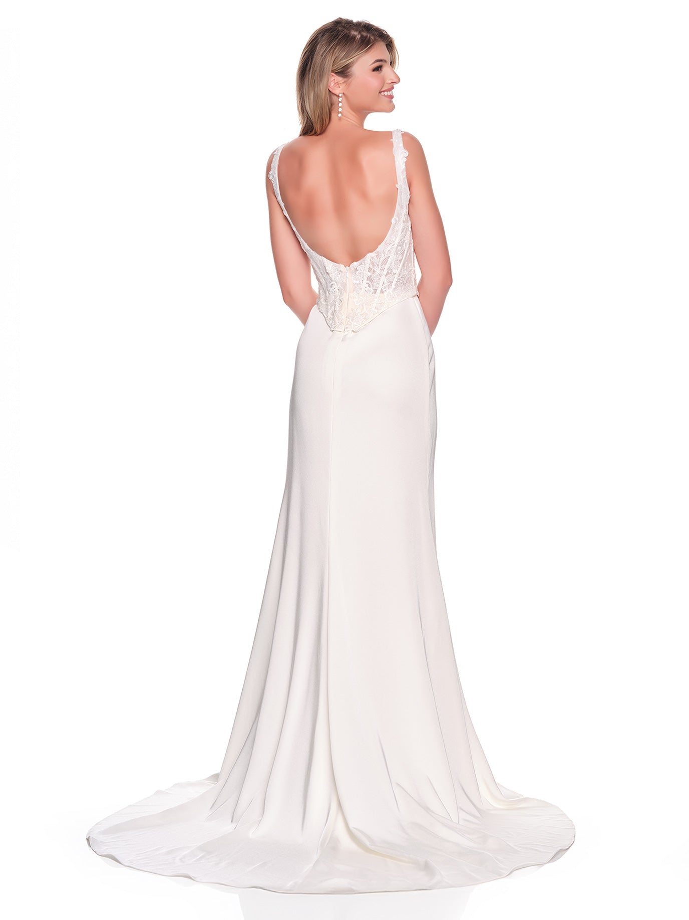 SQUARE NECK FITTED BRIDAL DRESS WITH CASCADING RUFFLE SLIT