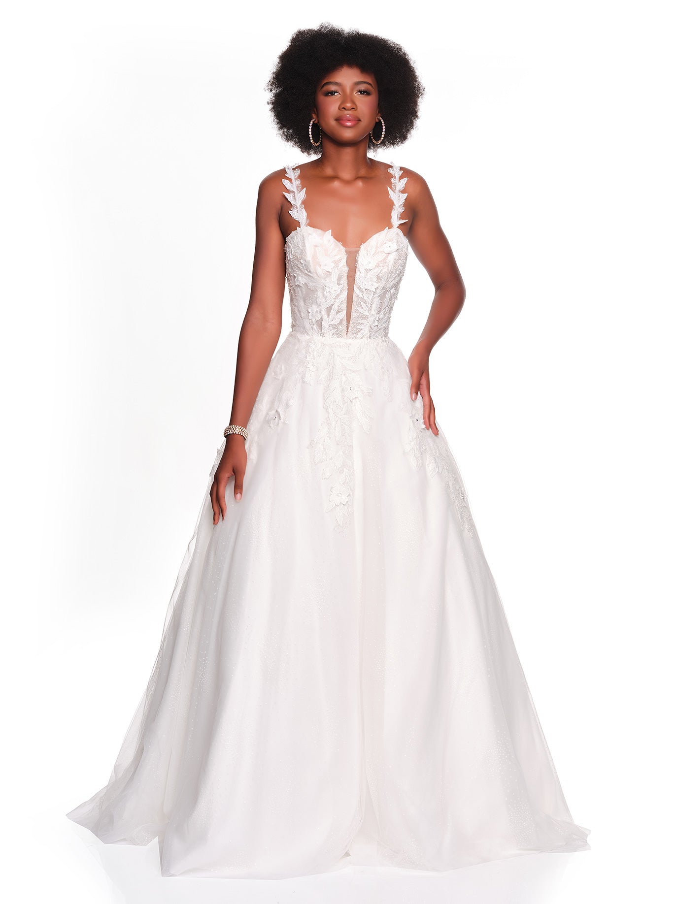 BRIDAL BALLGOWN WITH LEAF MOTIF ON STRAPS AND BODICE