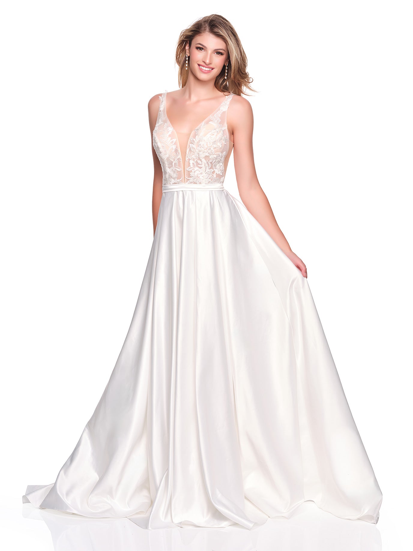FLOWY A-LINE SATIN GOWN WITH ILLUSION BODICE