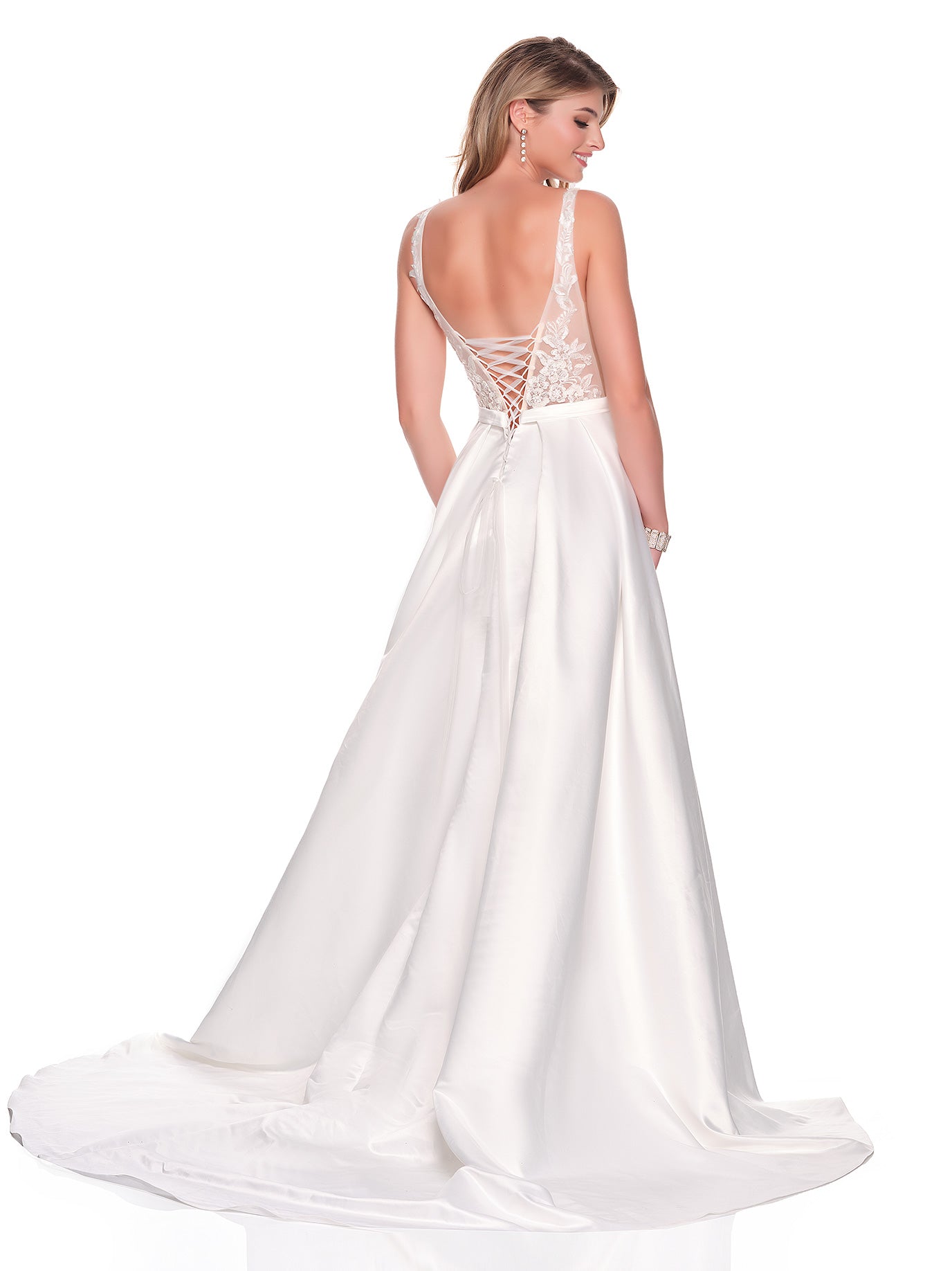 FLOWY A-LINE SATIN GOWN WITH ILLUSION BODICE