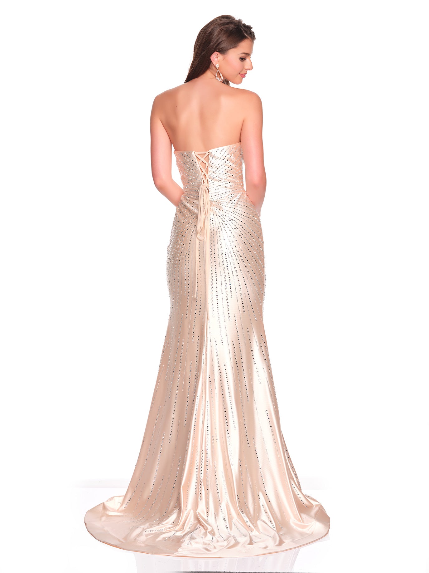 STRAPLESS BEADED GOWN WITH DEEP V ILLUSION PANEL