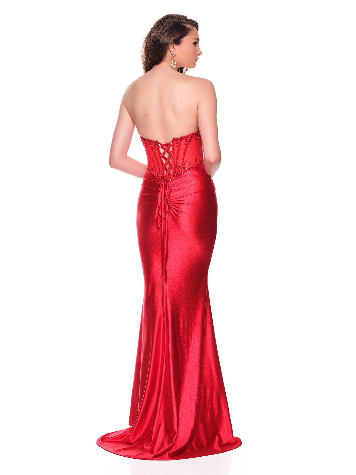 STRAPLESS FITTED GOWN WITH SEQUIN AND CUT OUT DETAIL