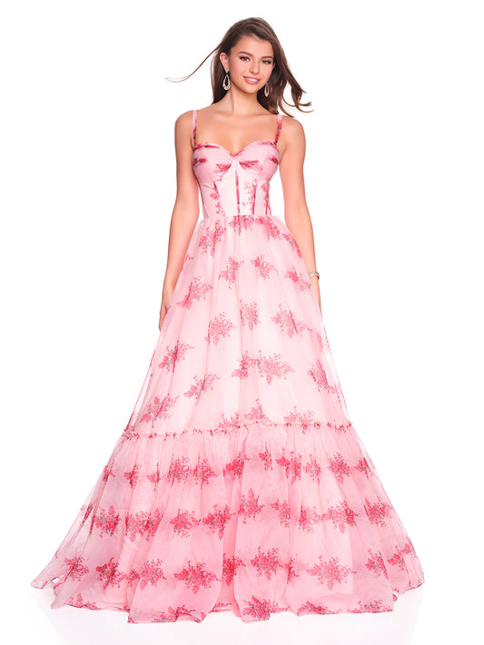 ALINE PRINTED BALLGOWN WITH RUFFLE DETAIL