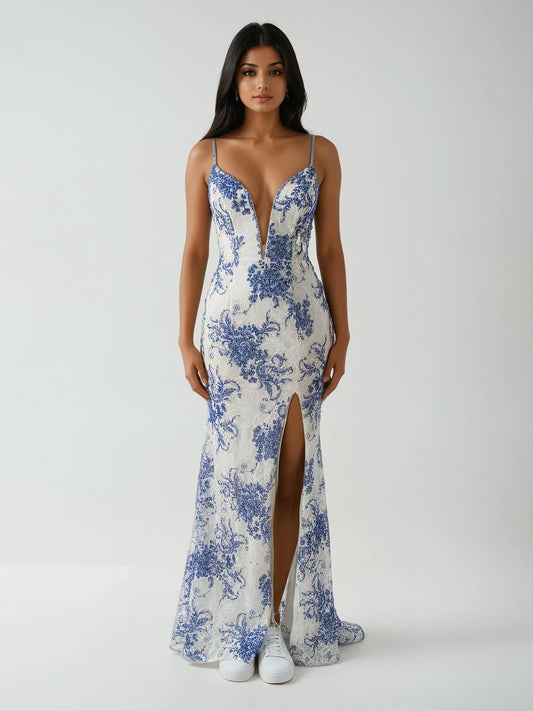PRINTED LACE DRESS WITH ASYMETRICAL DEEP V NECKLINE