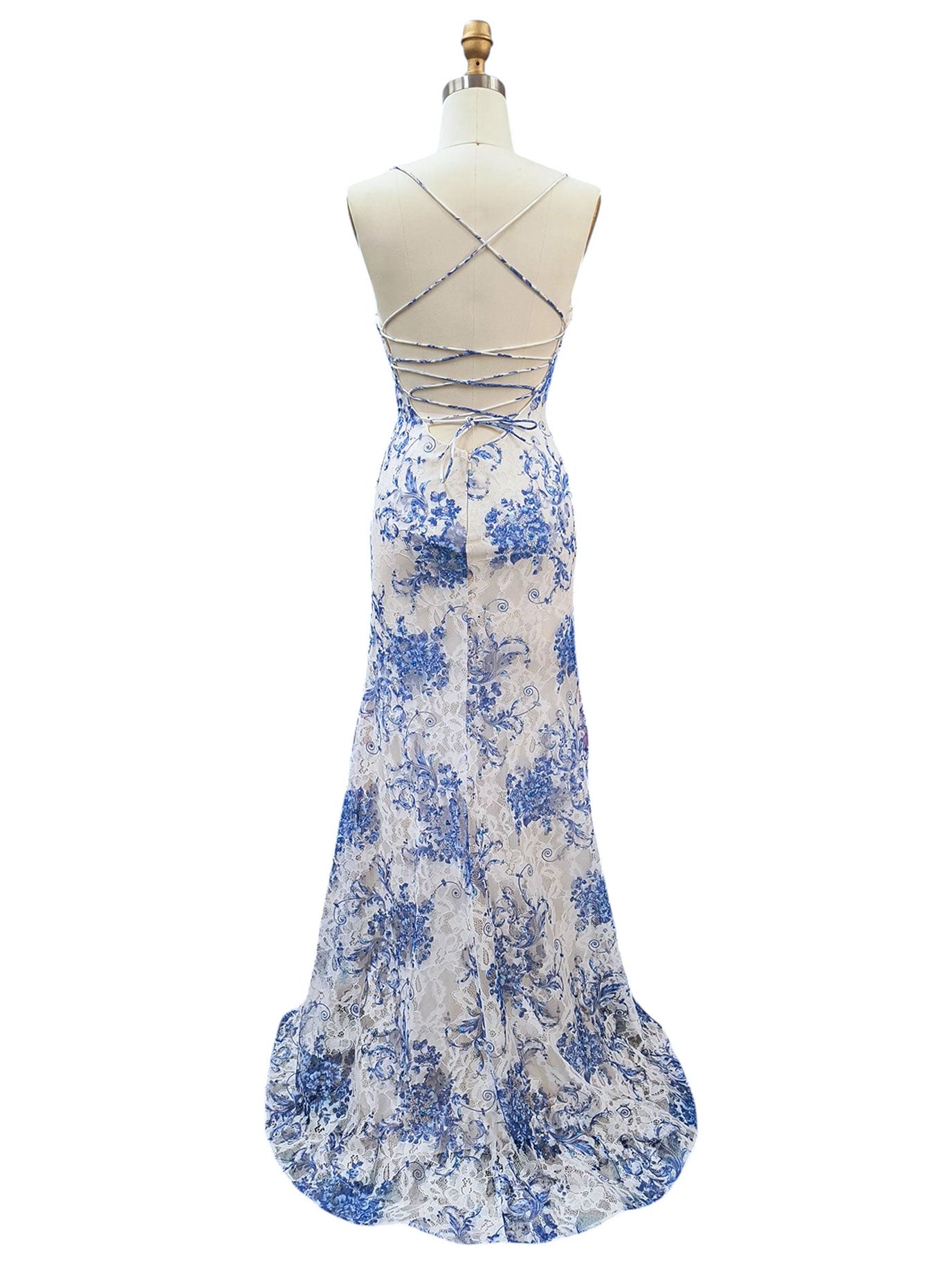 PRINTED LACE DRESS WITH ASYMETRICAL DEEP V NECKLINE