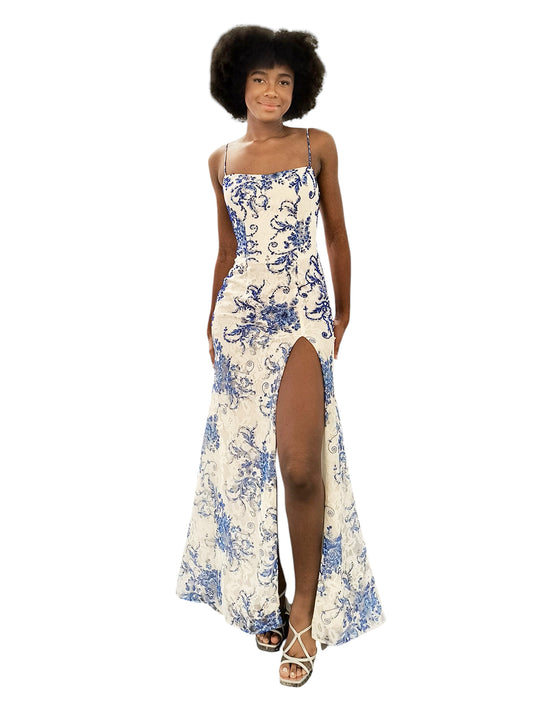 PRINTED LACE DRESS WITH CRISSCROSS BACK LACE UP