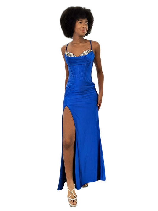 FITTED STRETCH DRESS WITH CORSET BODICE AND STONE ACCENTS