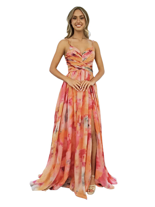 SOFT FLOWY PRINTED CHIFFON DRESS WITH BACK CUT OUT