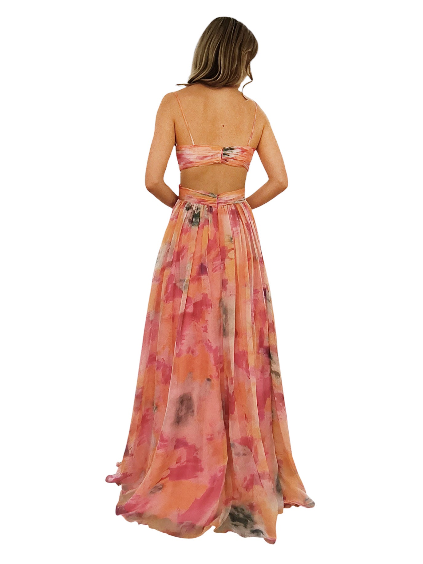 SOFT FLOWY PRINTED CHIFFON DRESS WITH BACK CUT OUT