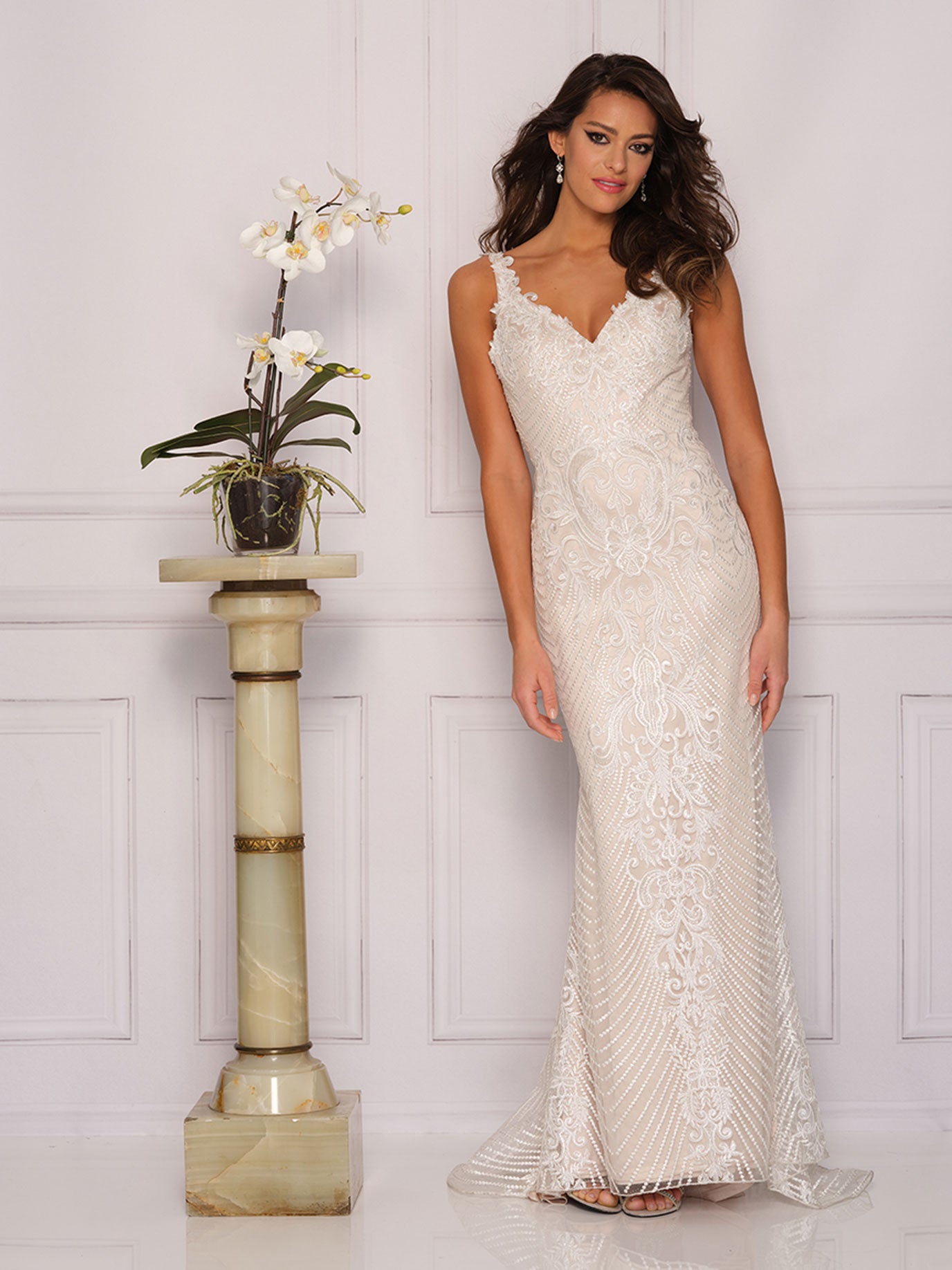 EMBROIDERED V NECK FIT AND FLARE WEDDING DRESS