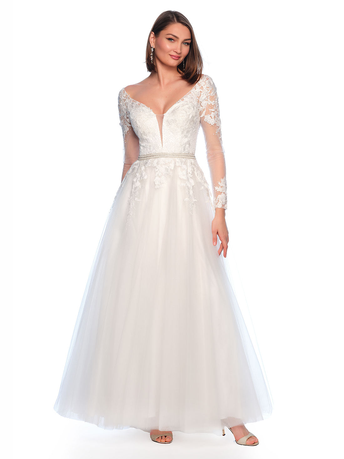 LACE LONG SLEEVE MESH PLUNGE BELTED WEDDING GOWN - Dave & Johnny LACE LONG SLEEVE MESH PLUNGE BELTED WEDDING GOWN - Dave & Johnny