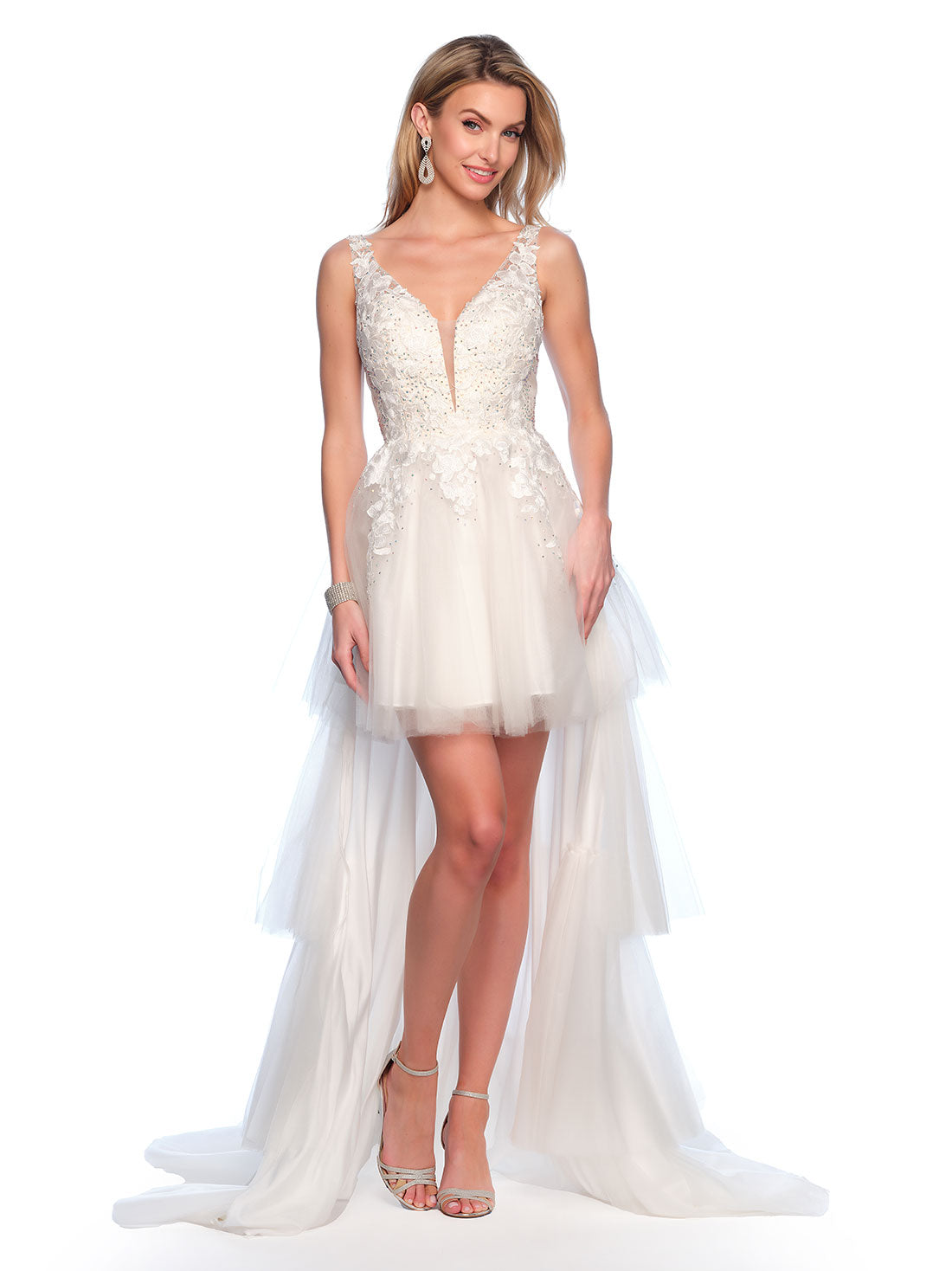 SEQUINED LOW BACK FLORAL HIGH-LOW WEDDING GOWN - Dave & Johnny SEQUINED LOW BACK FLORAL HIGH-LOW WEDDING GOWN - Dave & Johnny