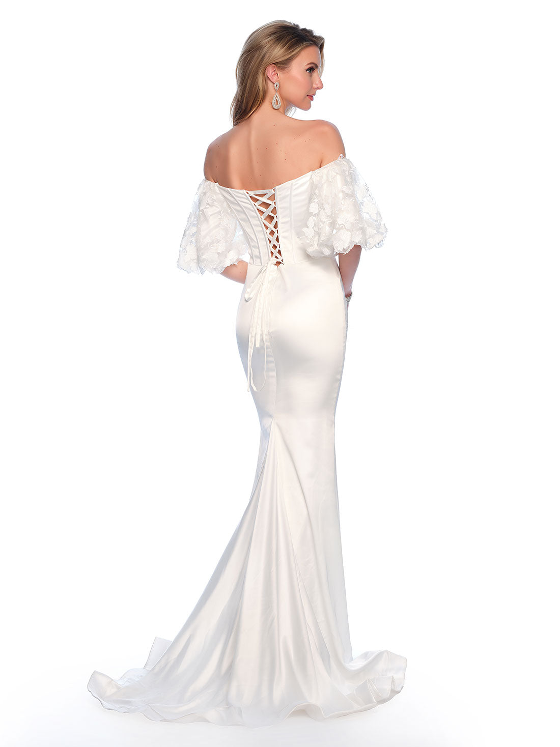 PUFF SLEEVE STRETCH SATIN WEDDING DRESS