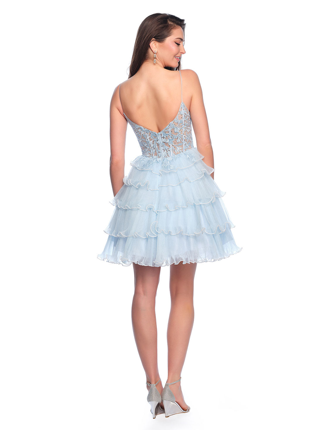 PLEATED SWIRL RUFFLE DRESS WITH CORSET BODICE