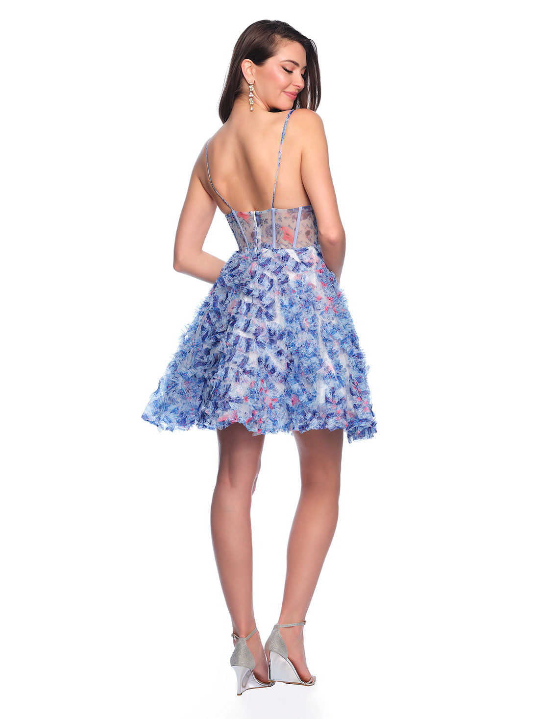 PRINTED DRESS WITH ILLUSION BODICE AND RUFFLE DETAIL