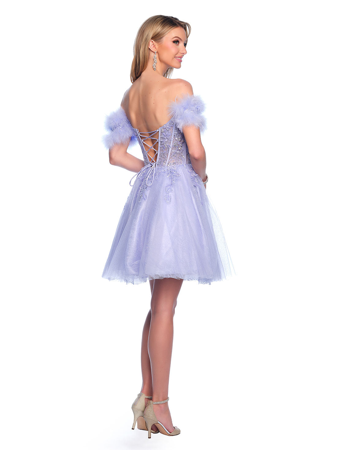 OFF THE SHOULDER FEATHER STRAPS WITH BEADED BODICE AND TULLE SKIRT