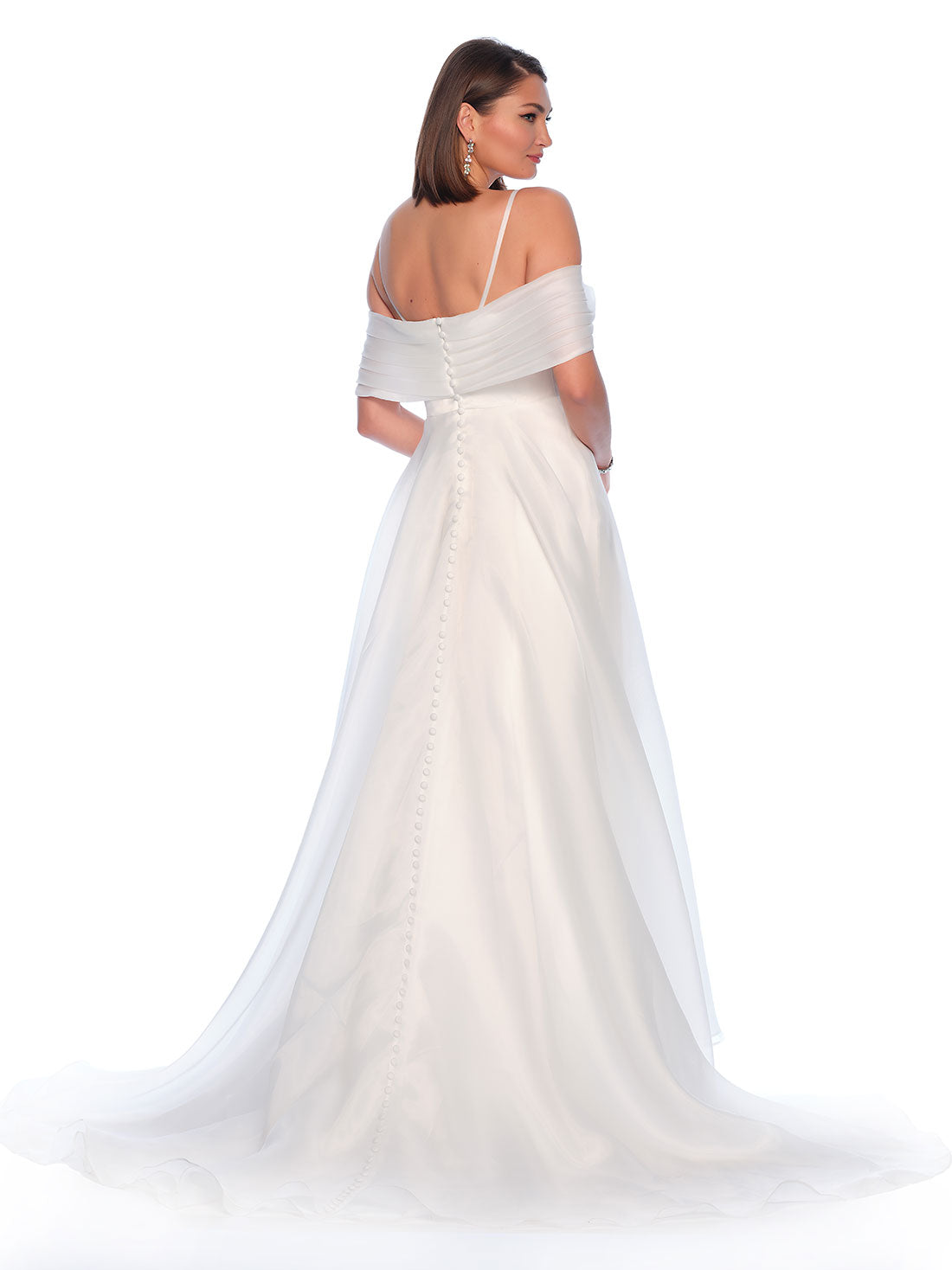 COLD SHOULDER ORGANZA DRESS WITH DRAPED SHOULDER STRAPS AND BACK BABY BUTTONS