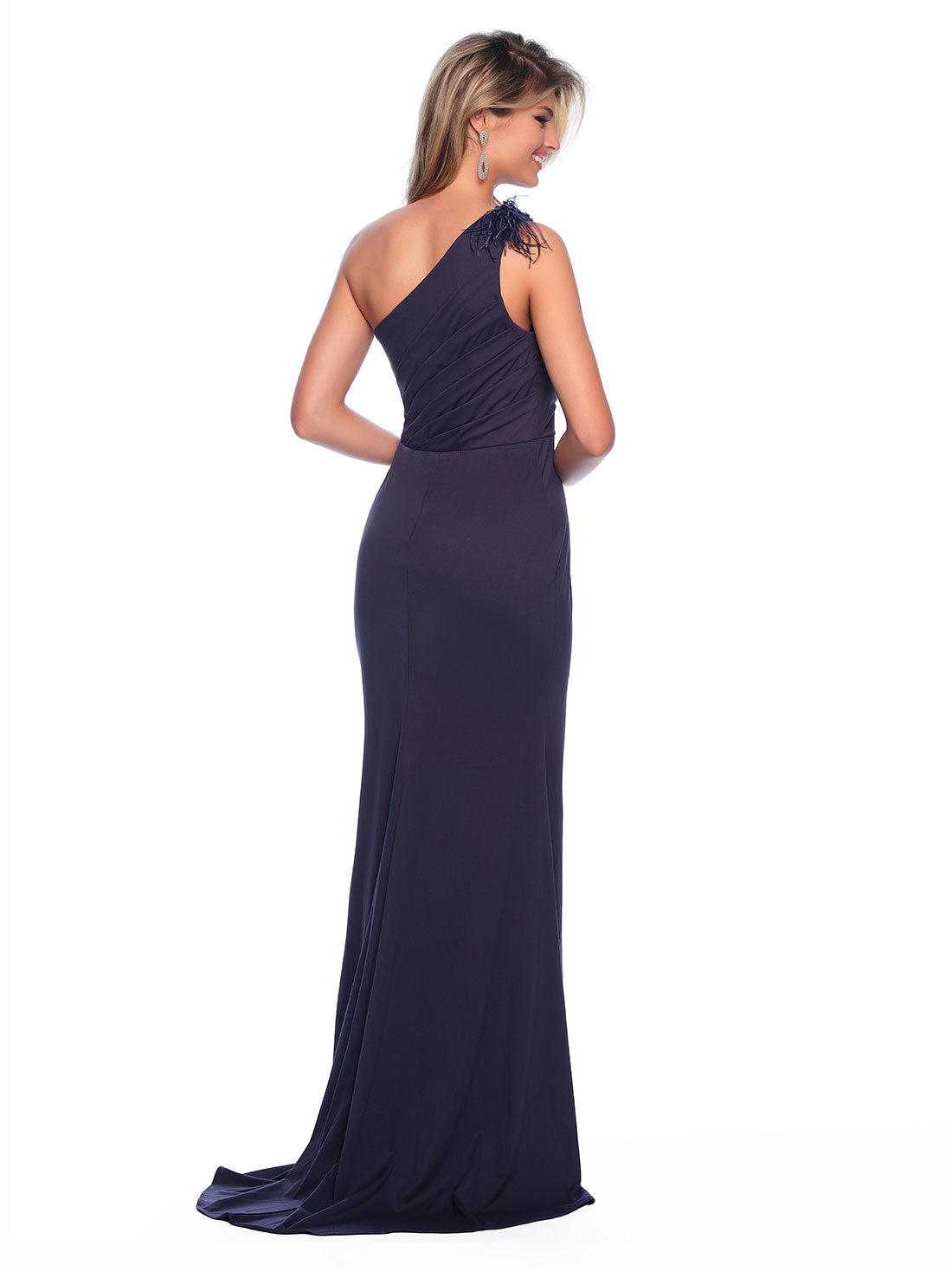 ONE SHOULDER JERSEY GOWN WITH FEATHER DETAIL