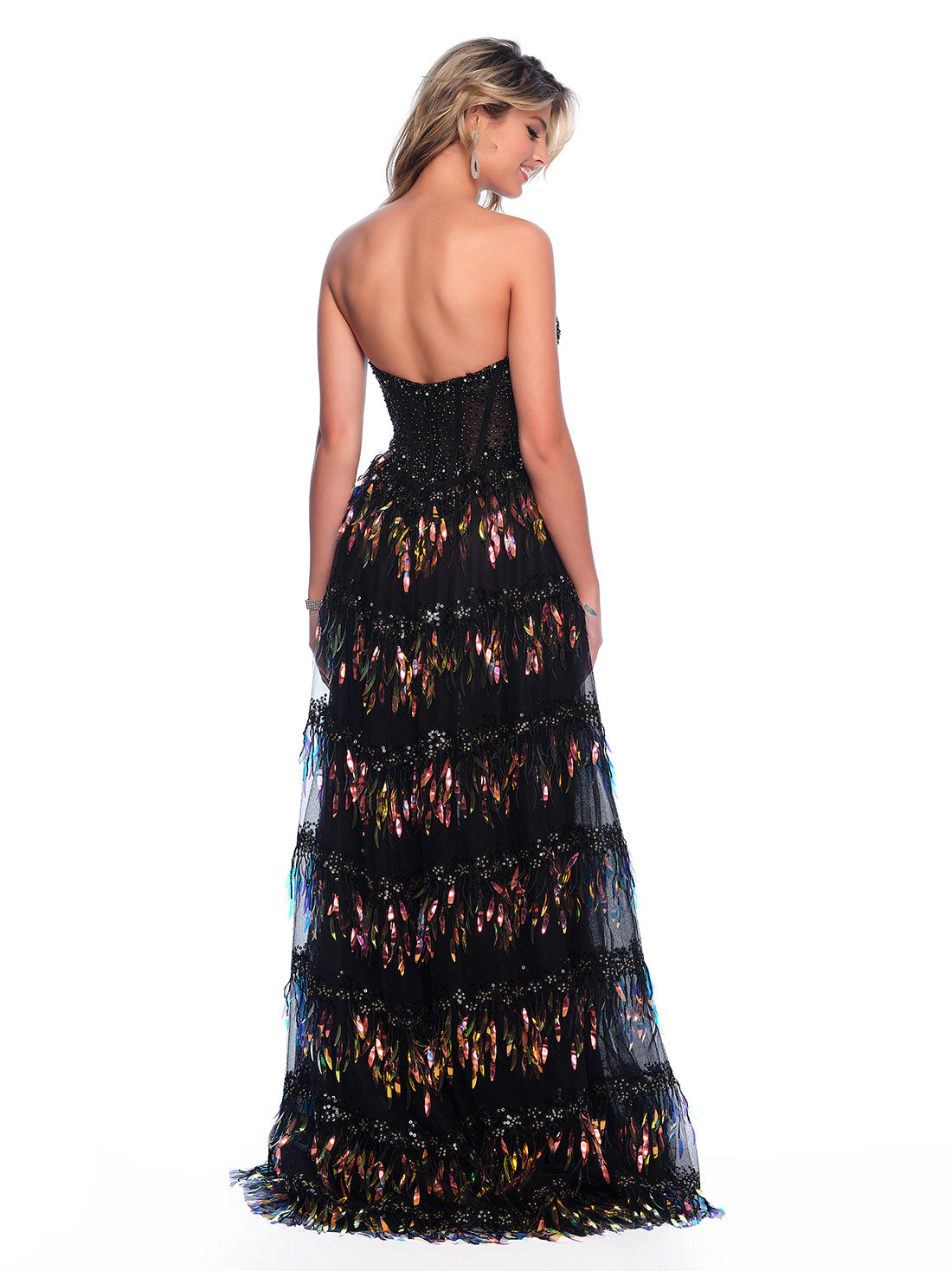 CORSET BALLGOWN WITH IRIDESCENT FRINGE DETAIL
