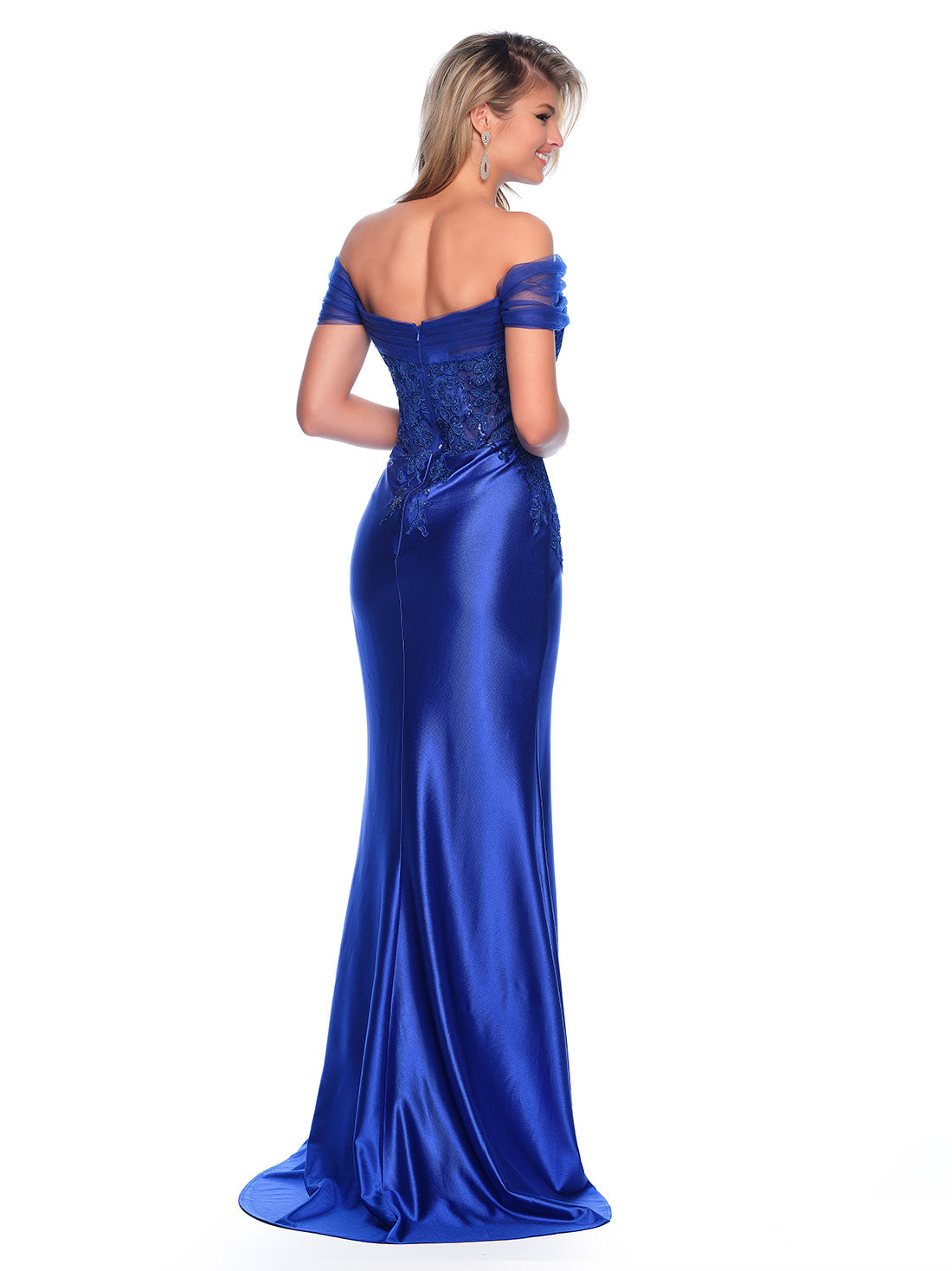 OFF THE SHOULDER GATHER STRAPS, EMBROIDERED BODICE AND FITTED SKIRT