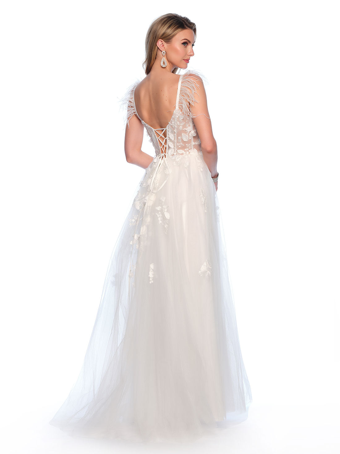 3D APPLIQUE THROUGH OUT GOWN WITH FEATHER STRAP DETAIL