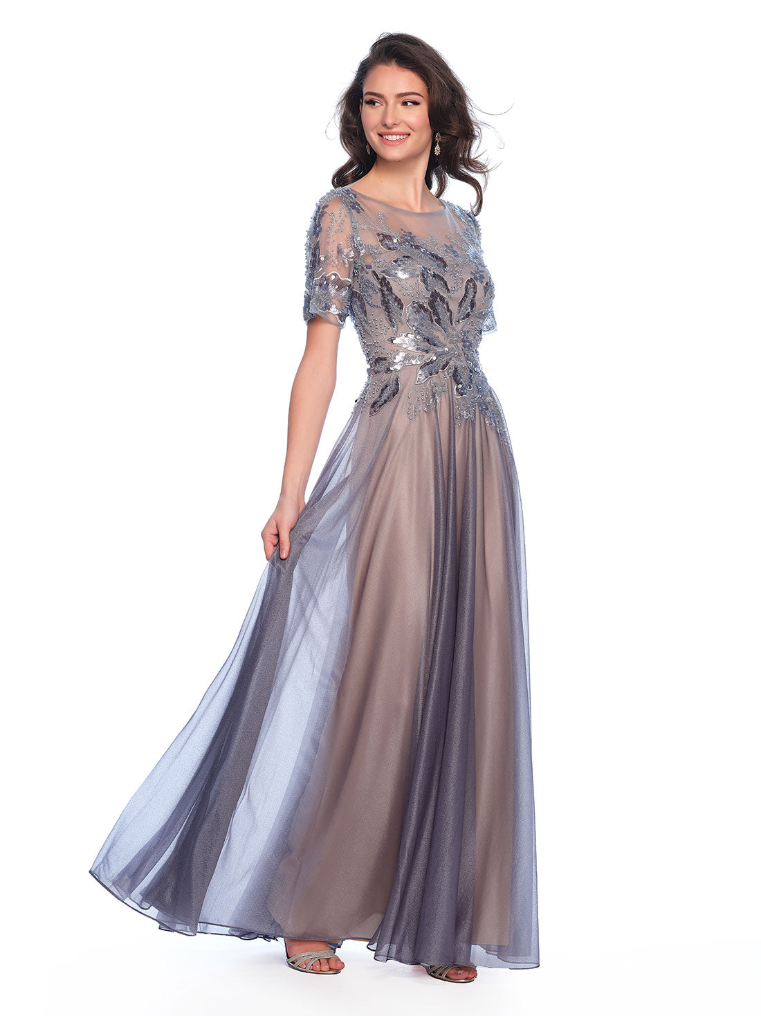 SHORT SLEEVE ILLUSION TOP WITH FLOWY ALINE SKIRT