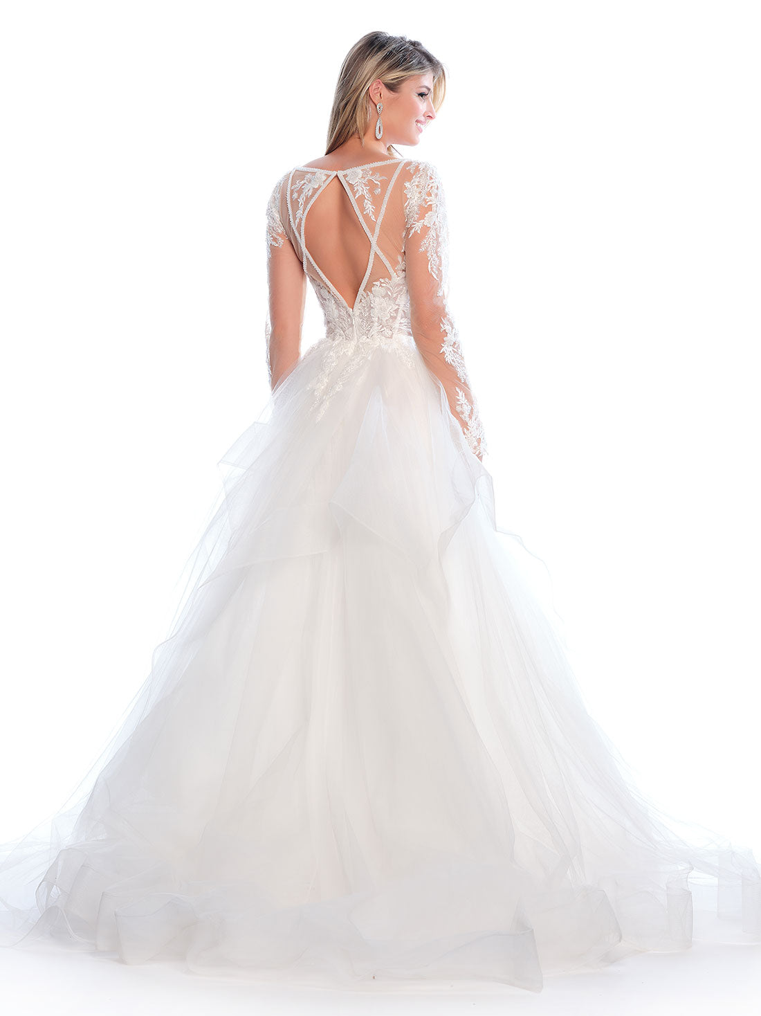 LONG SLEEVE EMBROIDERED BODICE WITH CASCADING RUFFLE SKIRT