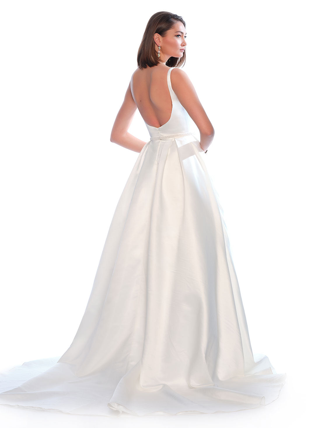SATIN WEDDING DRESS WITH PEARL BELT, POCKET DETAIL