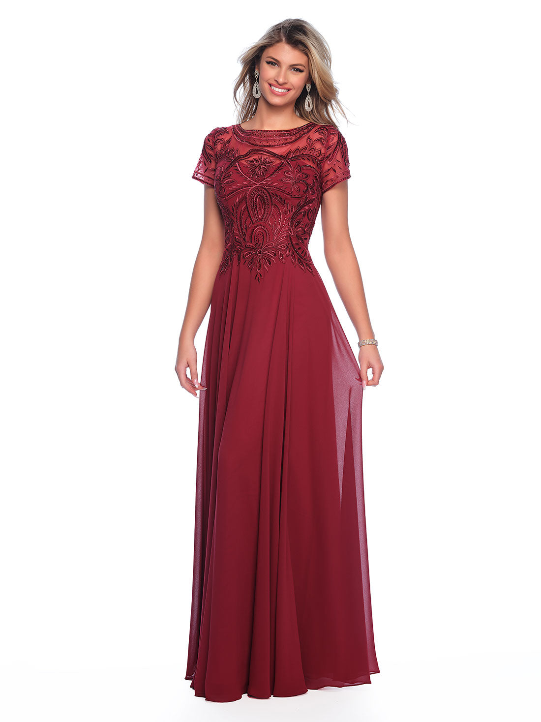 BEADED SHORT SLEEVE CHIFFON DRESS