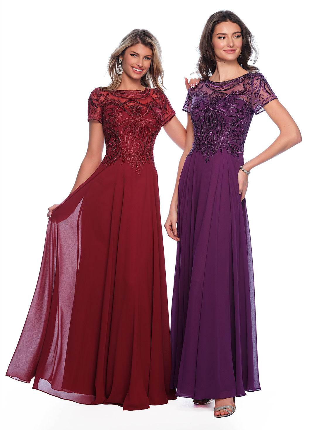 BEADED SHORT SLEEVE CHIFFON DRESS
