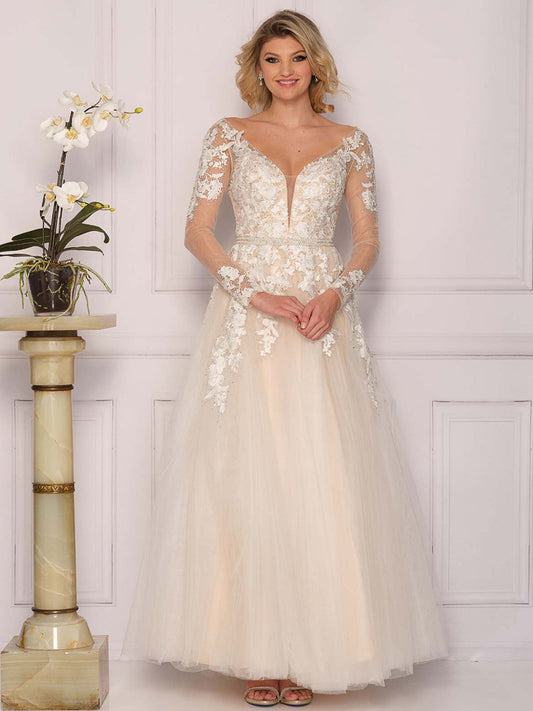 ILLUSION LONG SLEEVE WEDDING DRESS WITH FLORAL APPLIQUES