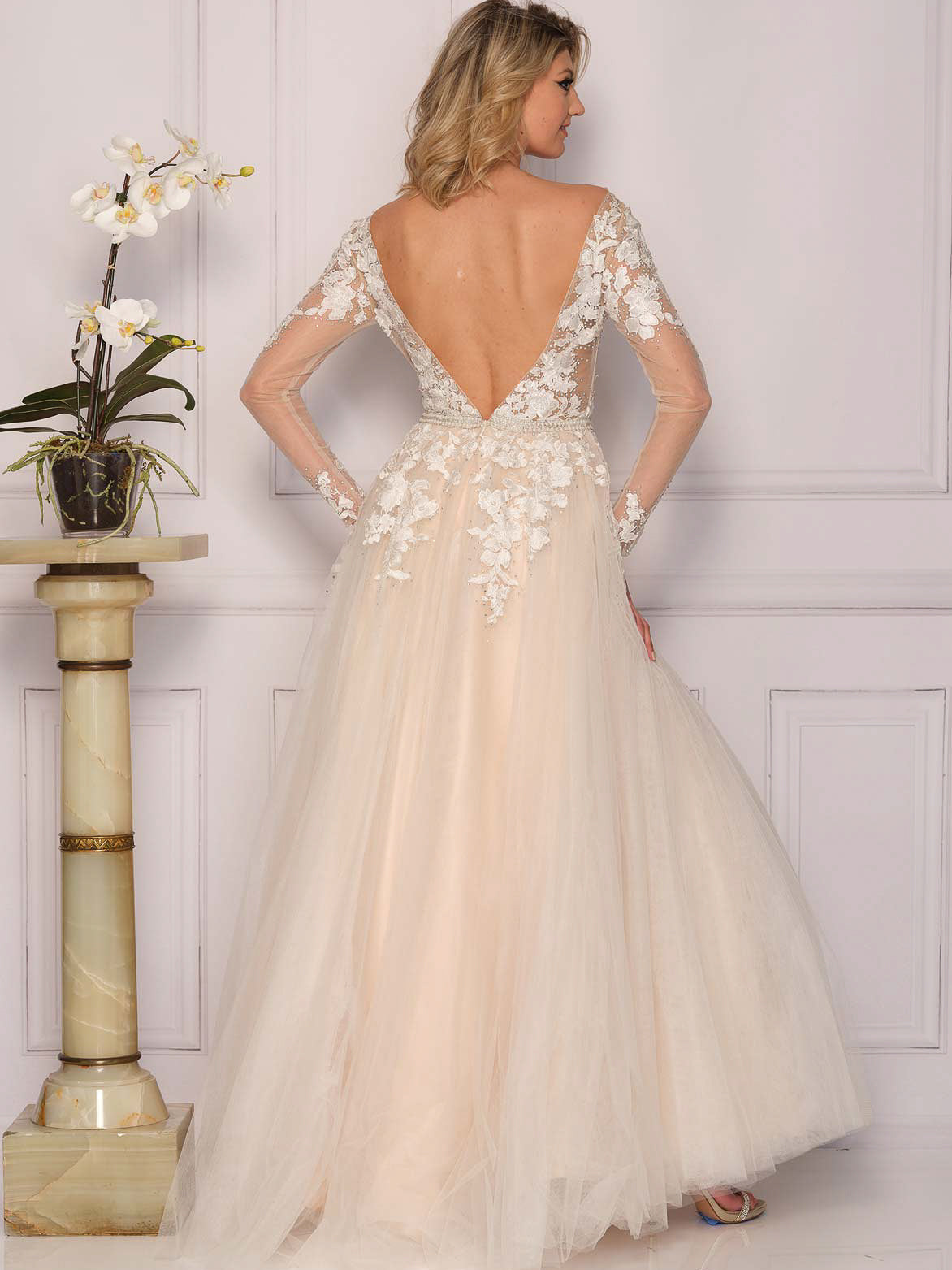 ILLUSION LONG SLEEVE WEDDING DRESS WITH FLORAL APPLIQUES
