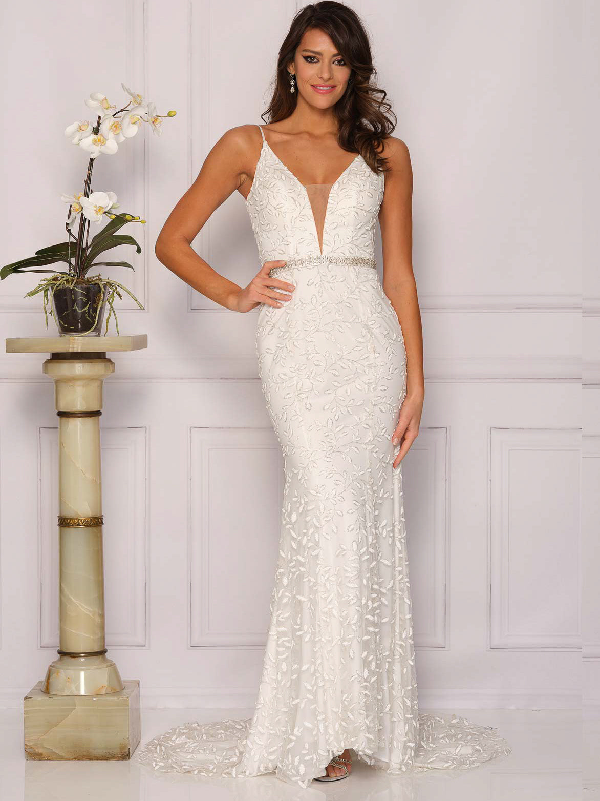 BELTED V-NECK SCOOP BACK WEDDING GOWN
