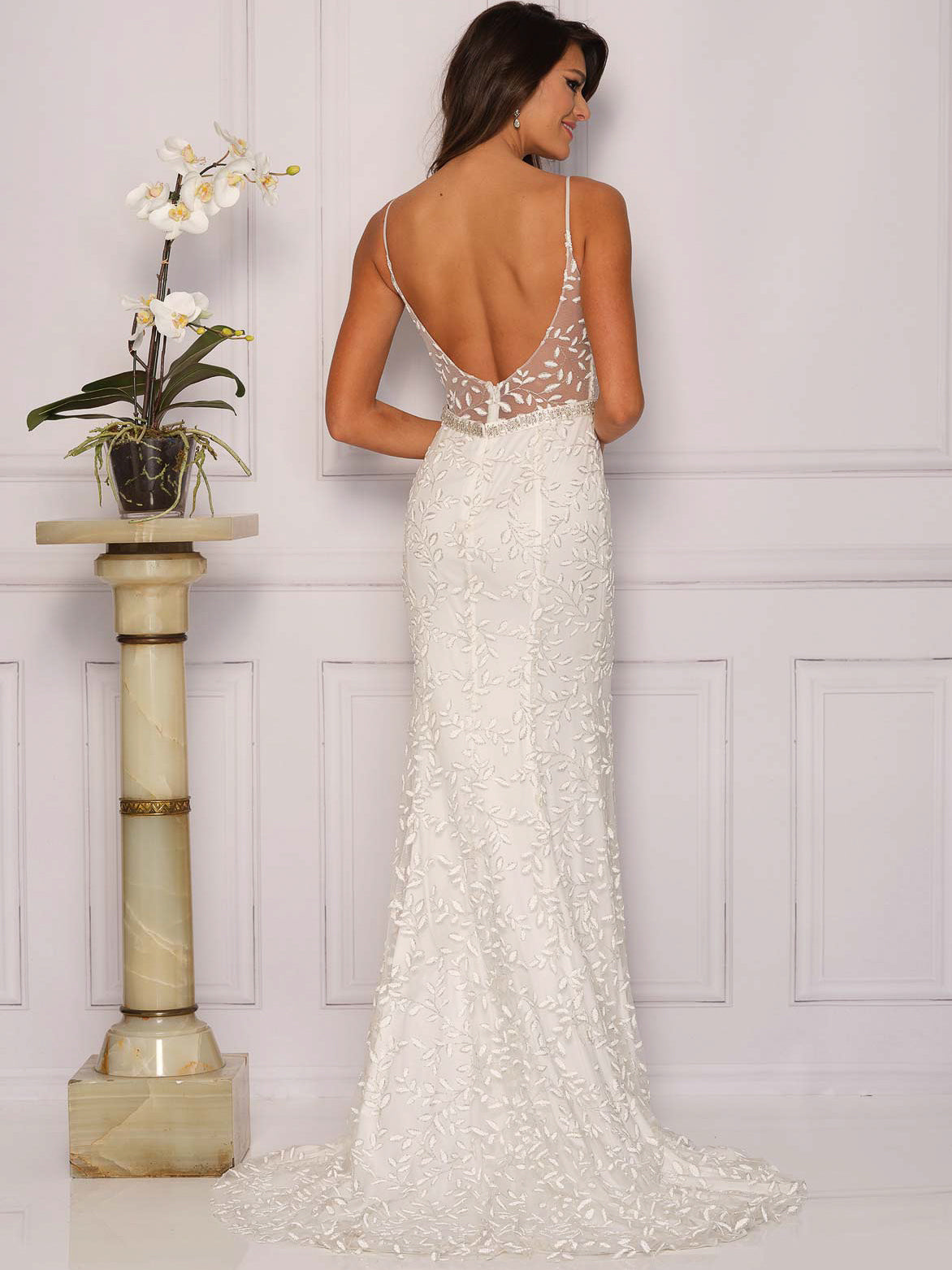 BELTED V-NECK SCOOP BACK WEDDING GOWN