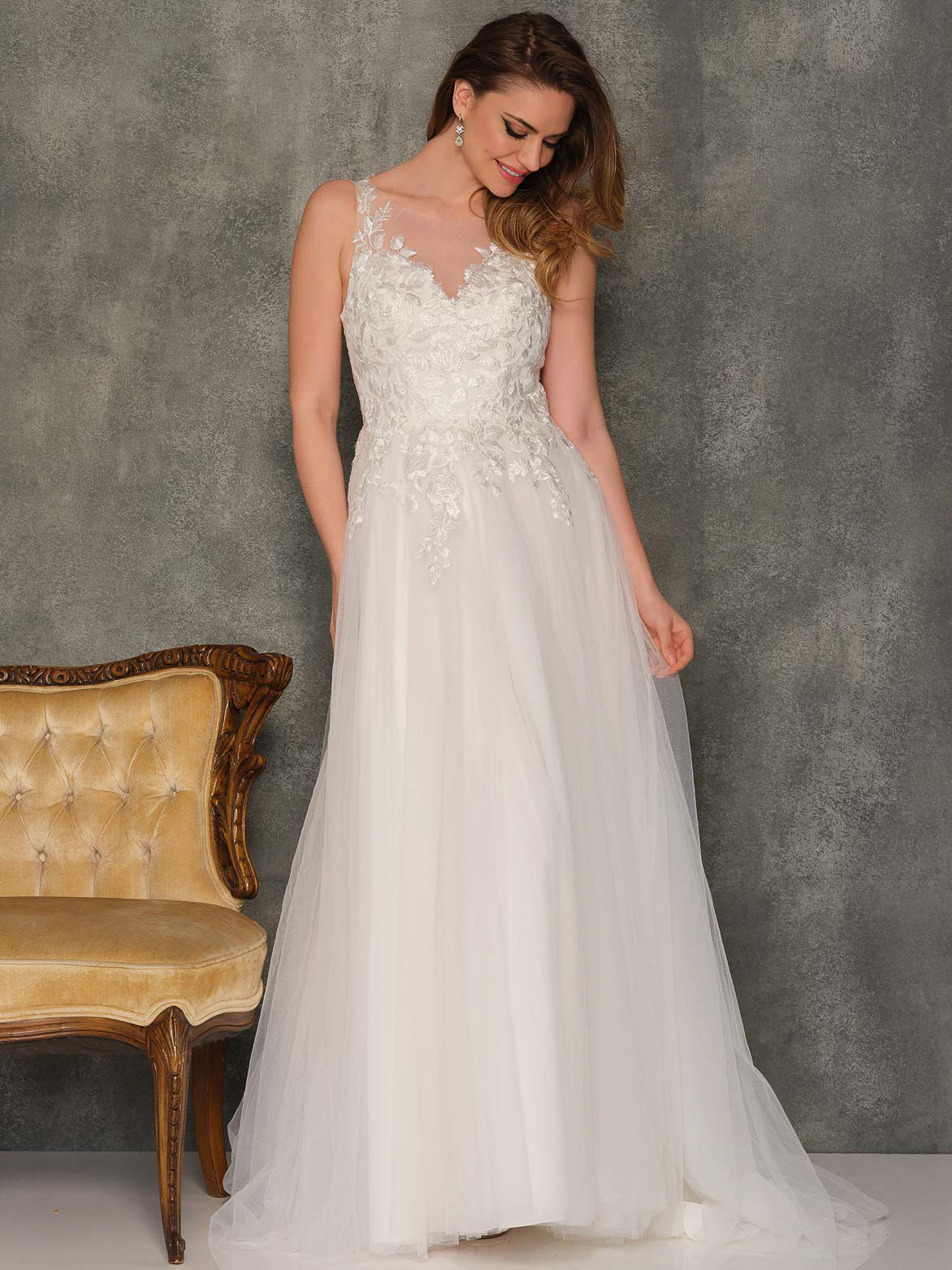 ROSE EMBROIDERED TRANSPARENT BACK A-LINE WEDDING GOWN - Dave & Johnny ROSE EMBROIDERED TRANSPARENT BACK A-LINE WEDDING GOWN - Dave & Johnny