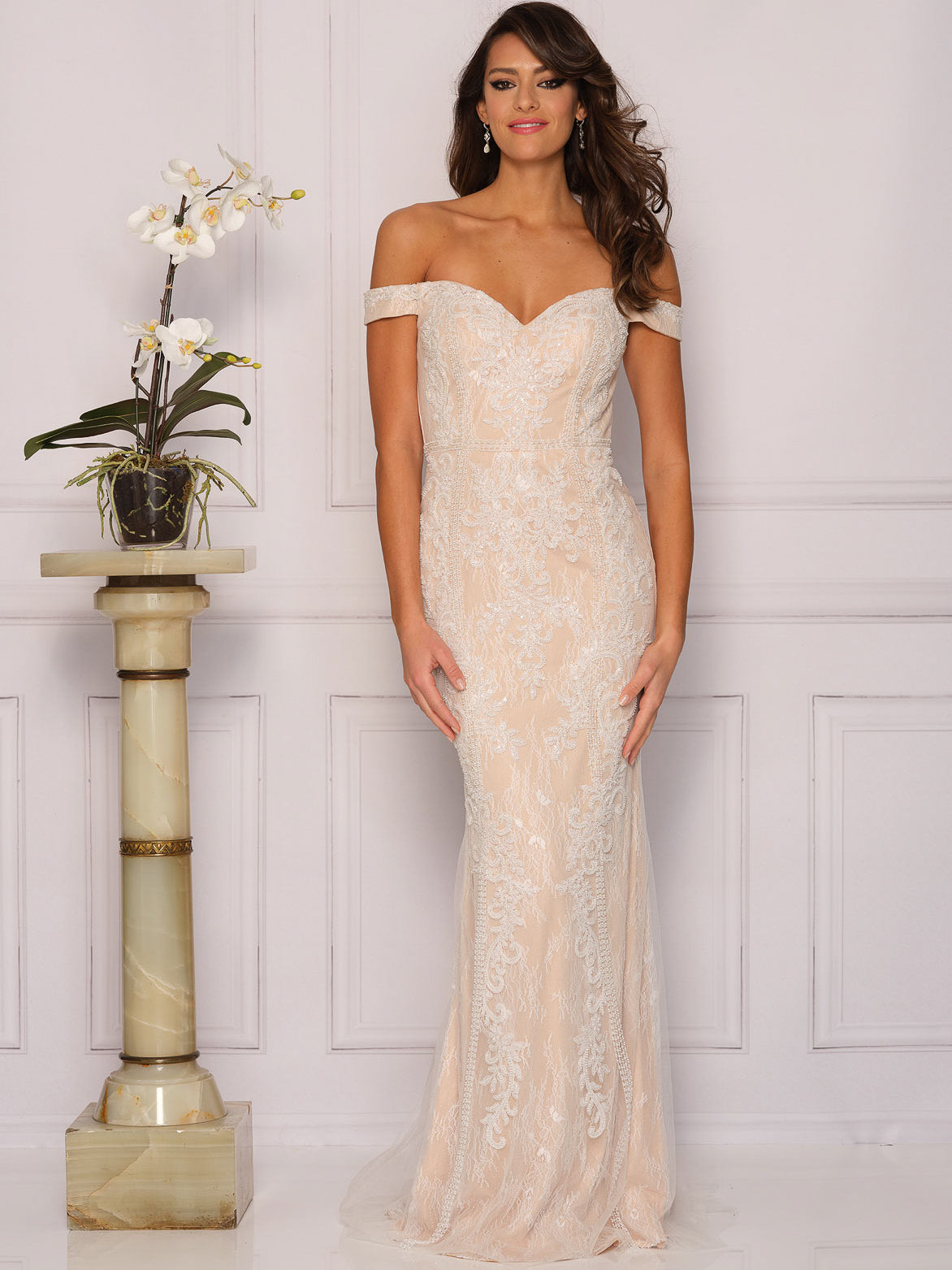 OFF-SHOULDER LACE LINED FITTED WEDDING GOWN - Dave & Johnny OFF-SHOULDER LACE LINED FITTED WEDDING GOWN - Dave & Johnny
