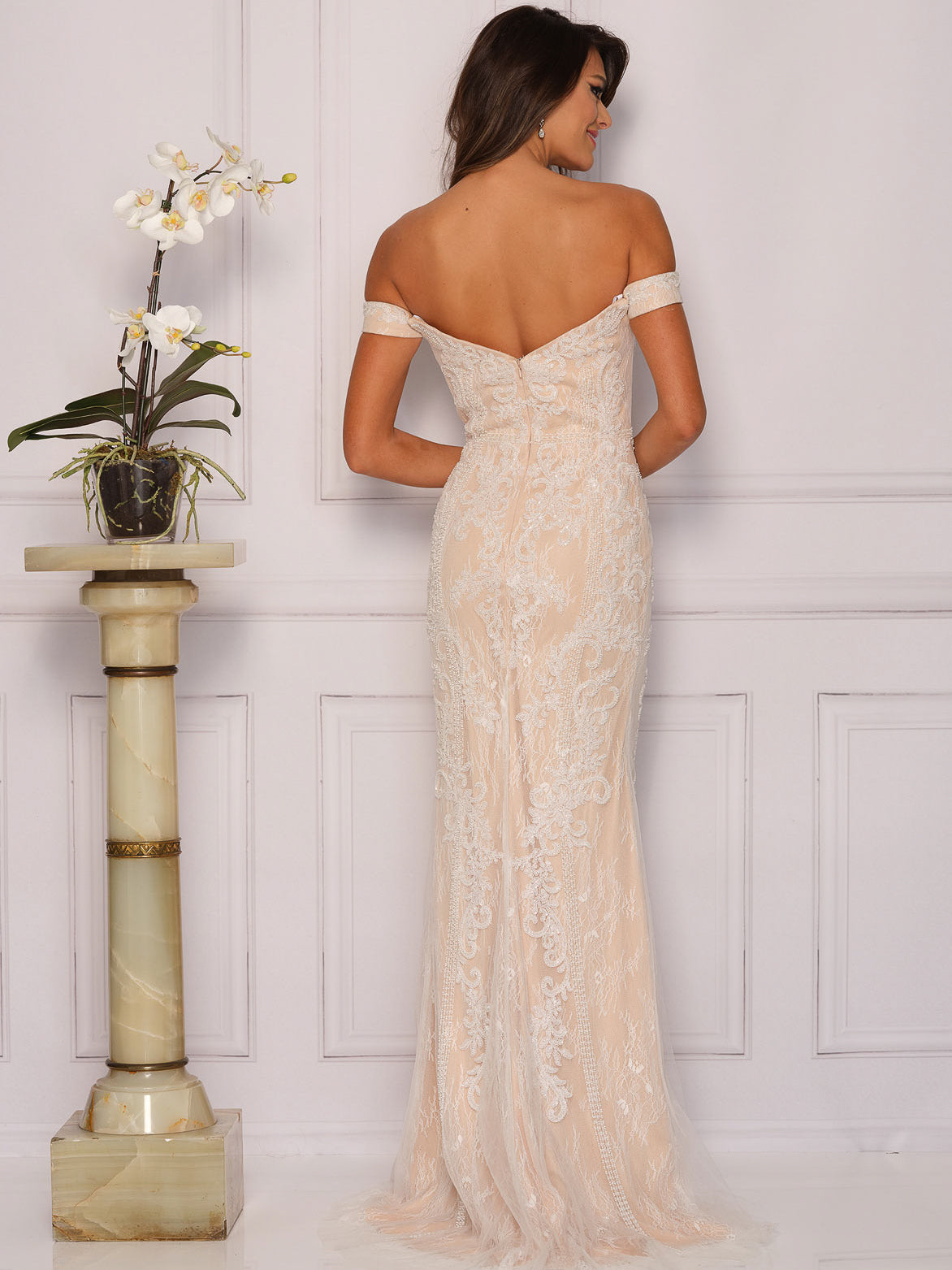 OFF-SHOULDER LACE LINED FITTED WEDDING GOWN