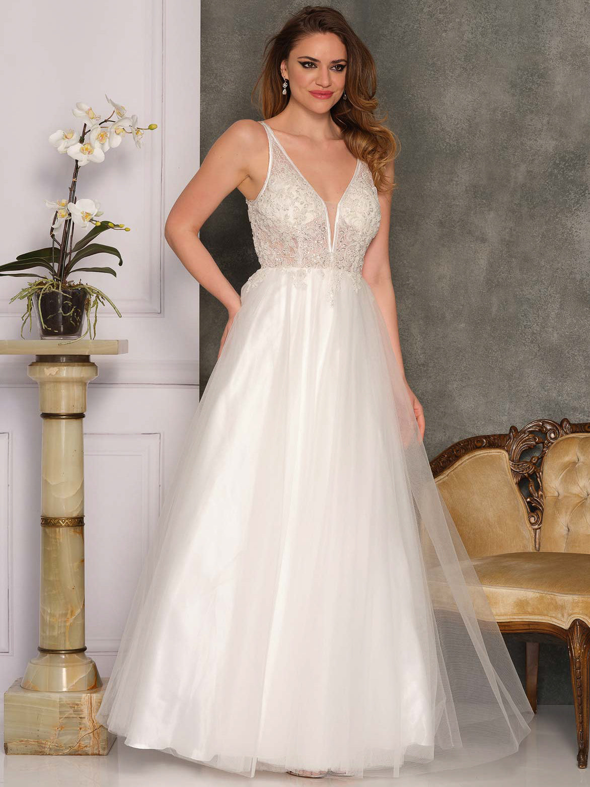BEADED LACE WEDDING DRESS WITH CUT OUT BACK