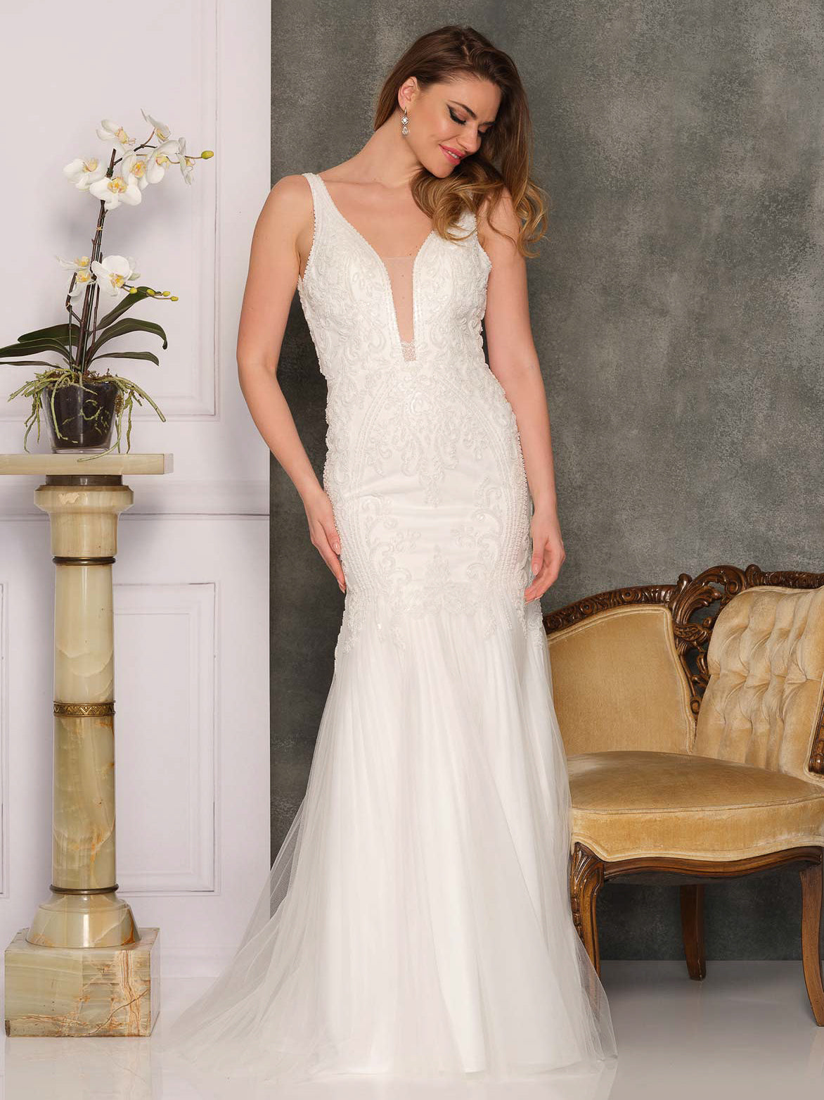 PLUNGE NECK TIE UP MERMAID WEDDING GOWN - Dave & Johnny PLUNGE NECK TIE UP MERMAID WEDDING GOWN - Dave & Johnny