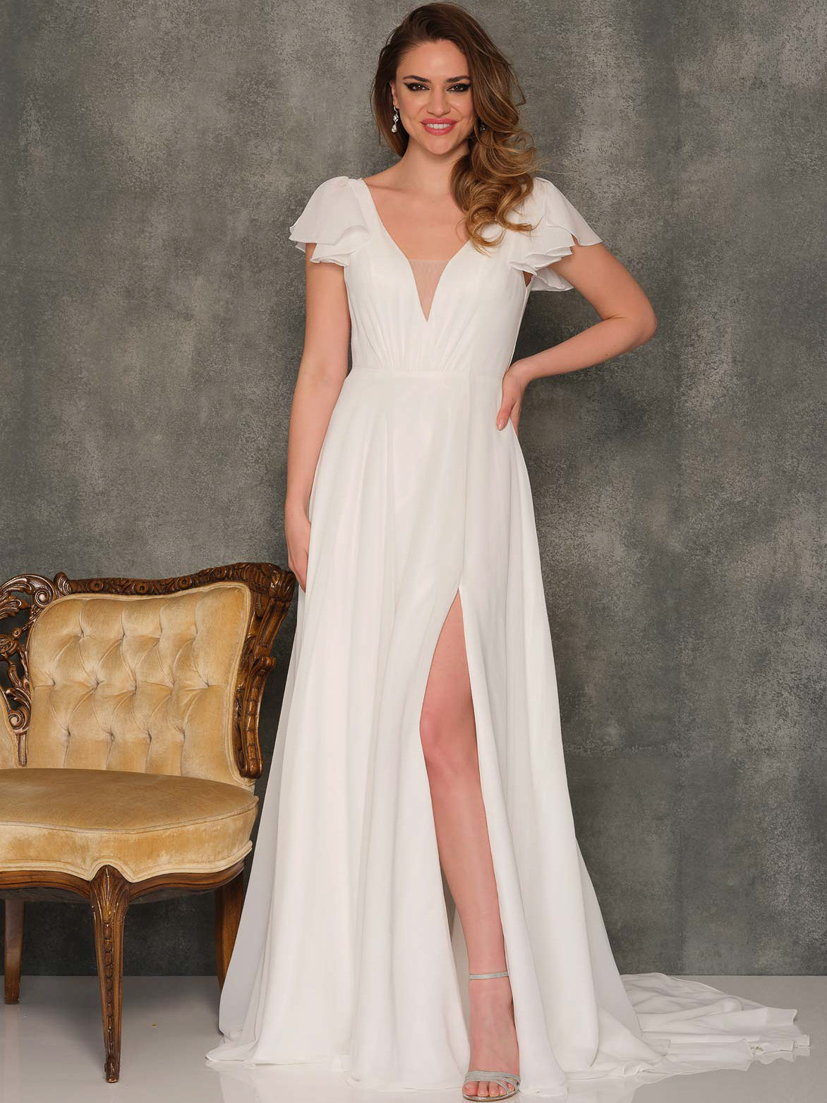 SHORT FLUTTER SLEEVE OPEN LEG WEDDING GOWN - Dave & Johnny SHORT FLUTTER SLEEVE OPEN LEG WEDDING GOWN - Dave & Johnny