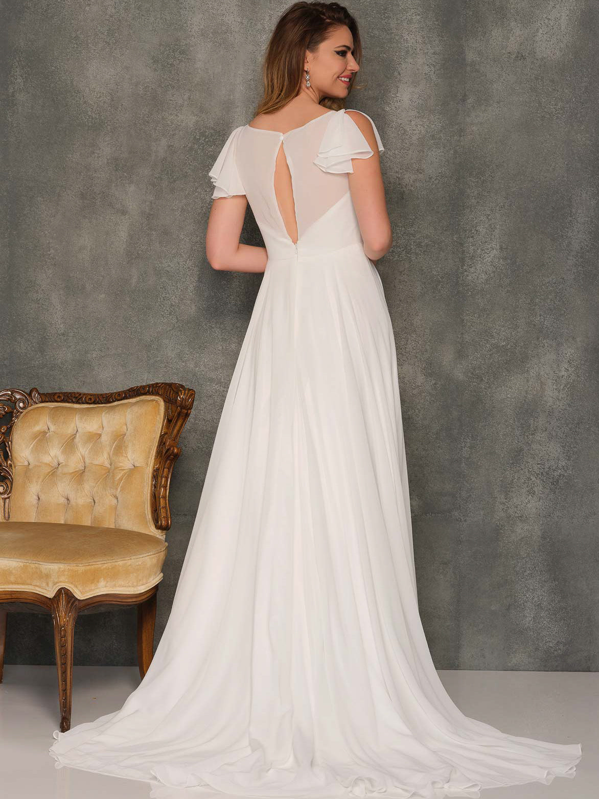 FLUTTER SLEEVE FLOWY CHIFFON WEDDING DRESS