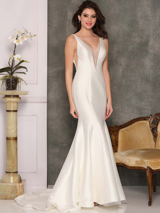 PLUNGE V-NECK LOW BACK LONG TRAIN TRUMPET WEDDING GOWN