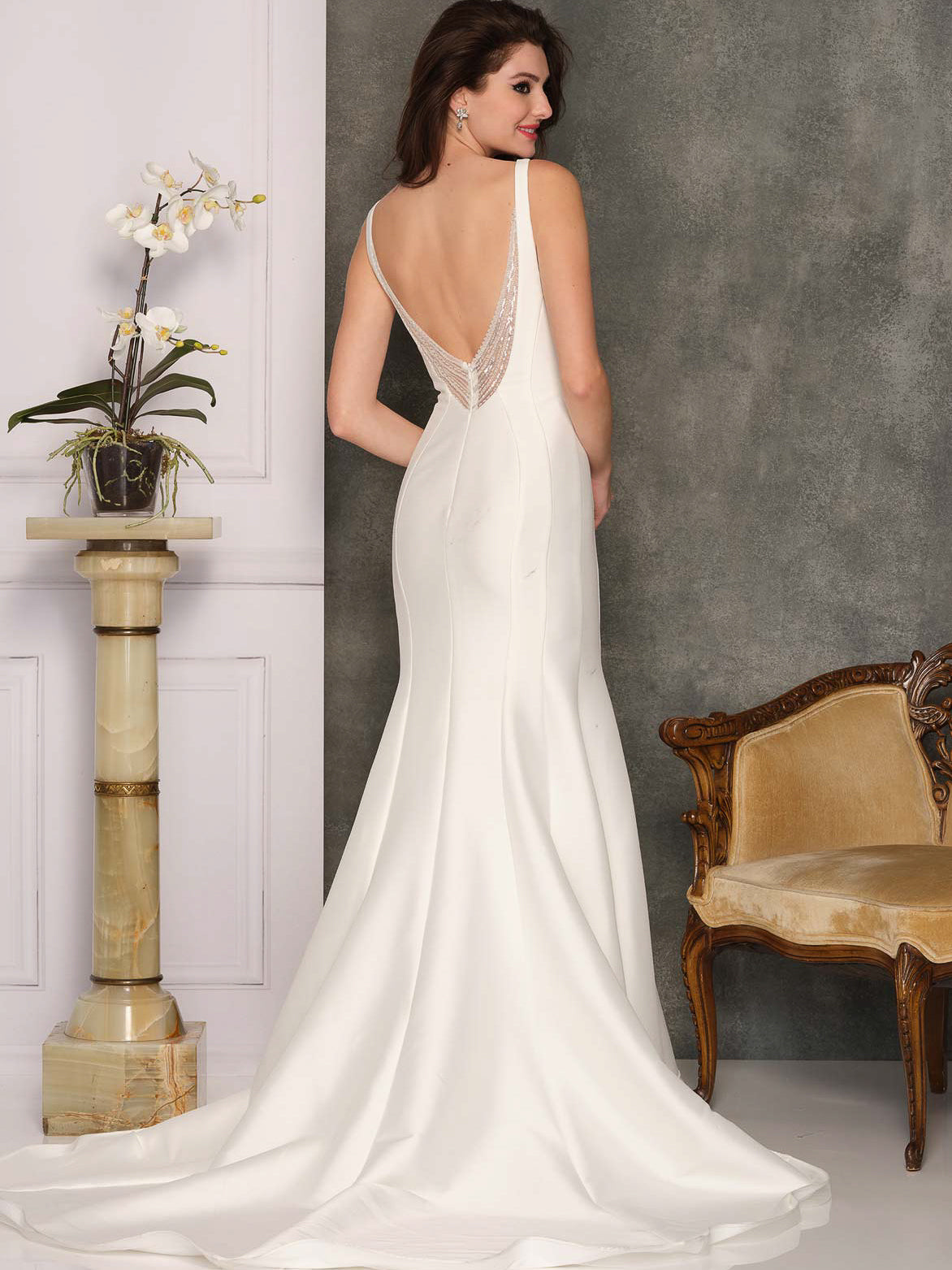PLUNGE V-NECK LOW BACK LONG TRAIN TRUMPET WEDDING GOWN