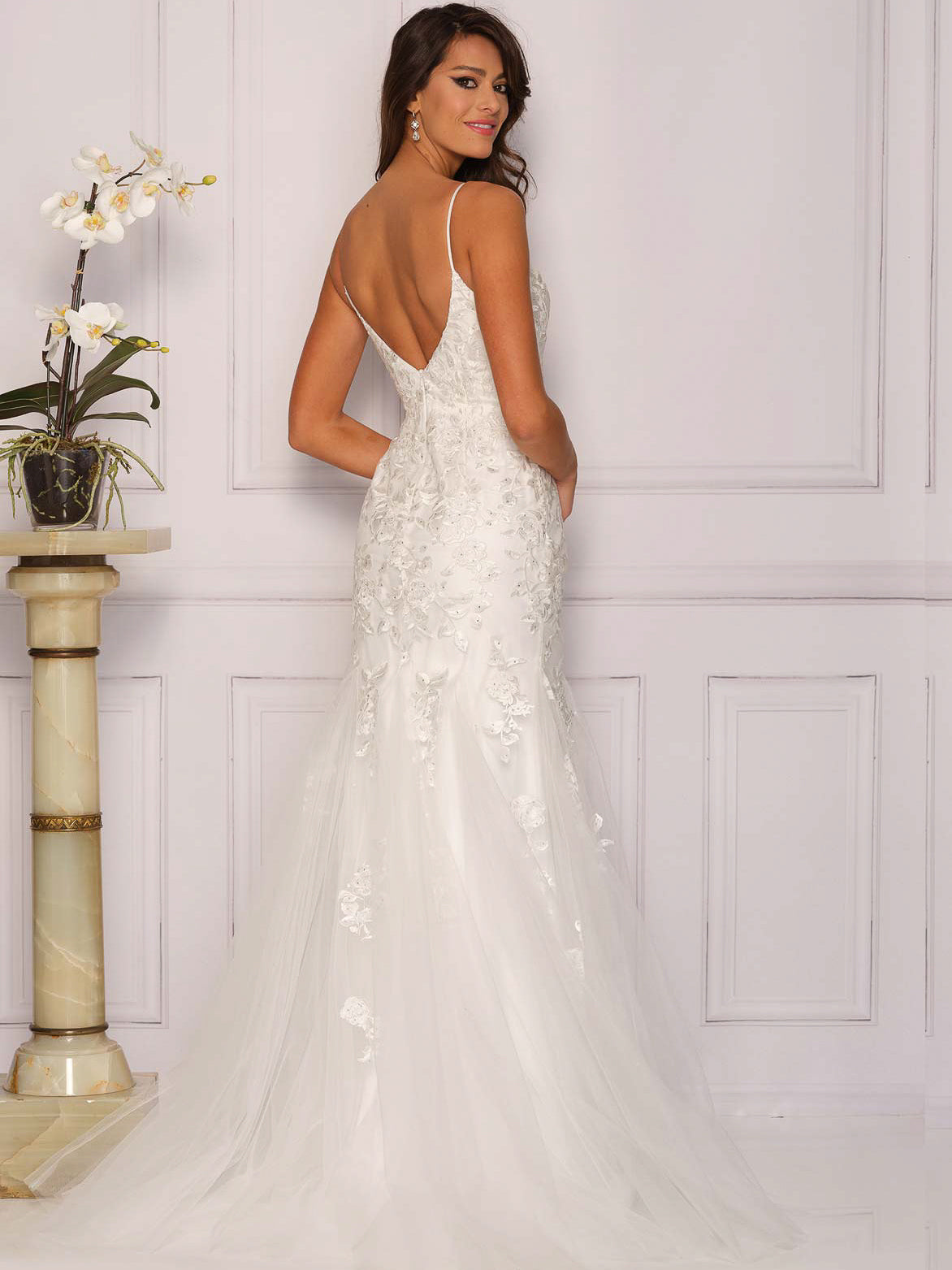 PLUNGE SPAGHETTI STRAP SCOOP BACK MERMAID WEDDING GOWN