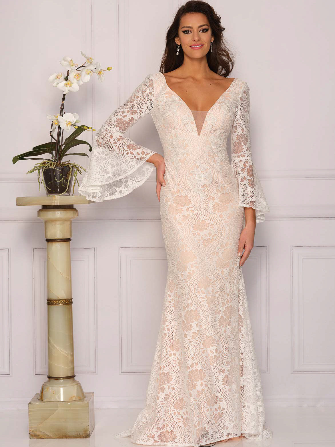 BELL SLEEVE V-NECK LACE WEDDING GOWN Dave Johnny - Main Image