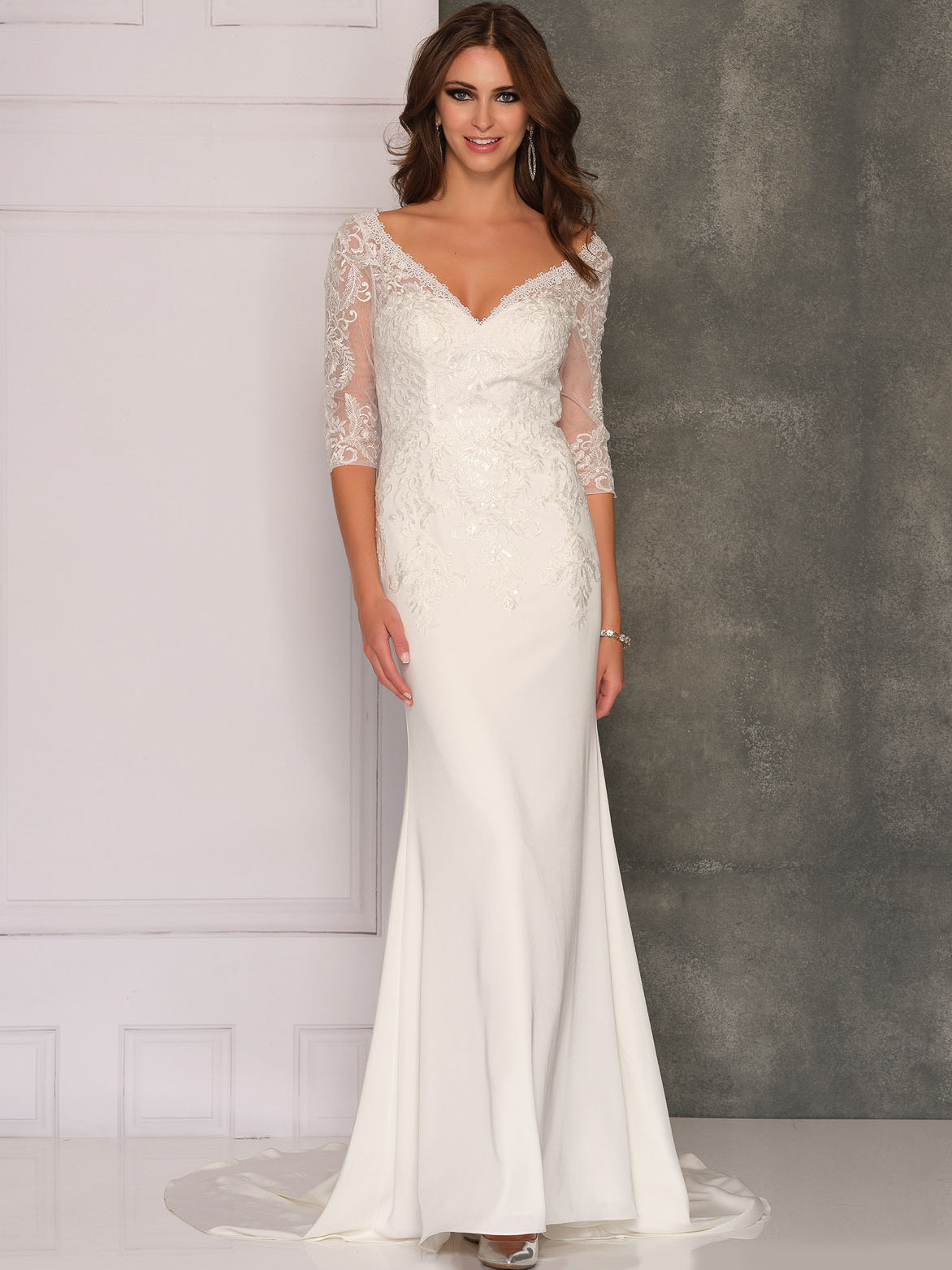LACE QUARTER SLEEVE TRUMPET WEDDING GOWN - Dave & Johnny LACE QUARTER SLEEVE TRUMPET WEDDING GOWN - Dave & Johnny