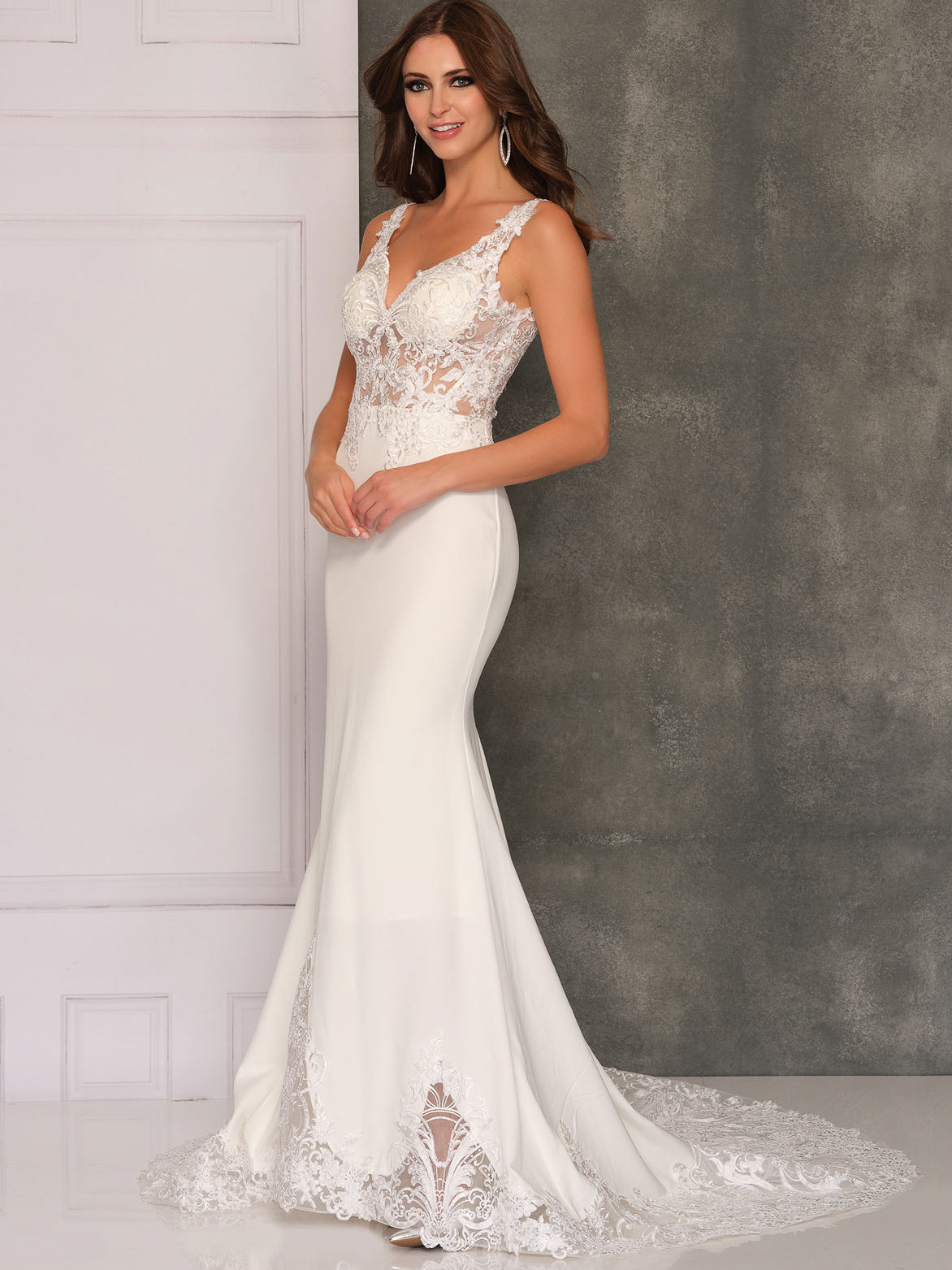 Crepe V-Neck Mermaid Gown With Illusion Lace Cutout Skirt