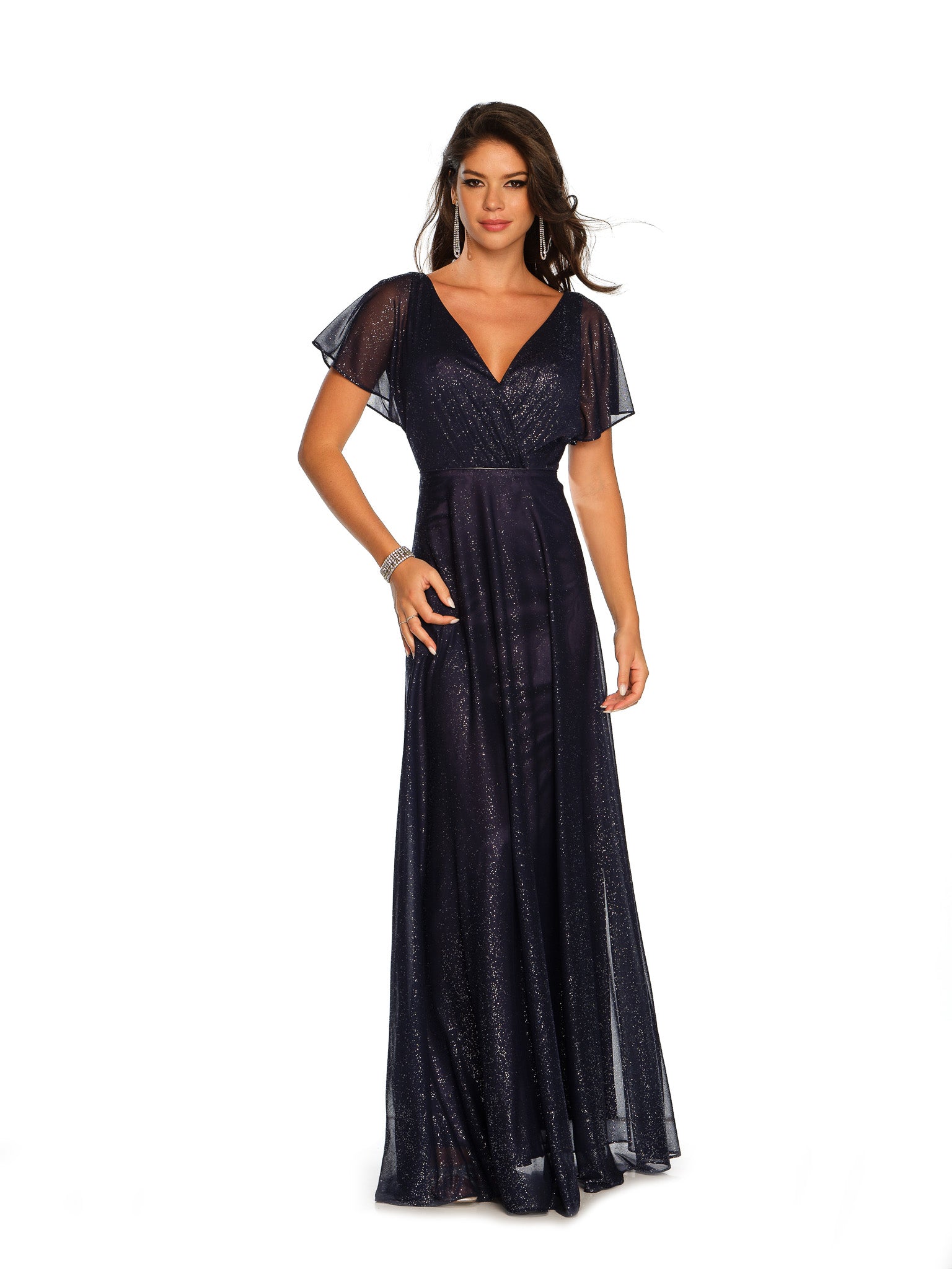 SHIMMERING SHORT-SLEEVE BACKLESS GOWN - Dave & Johnny SHIMMERING SHORT-SLEEVE BACKLESS GOWN - Dave & Johnny