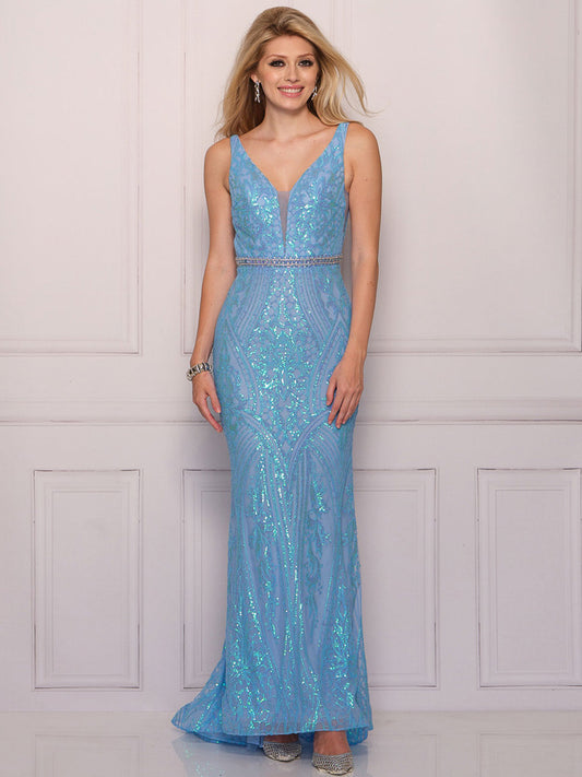 SEQUINED PATTERNED BELTED LOW BACK GOWN