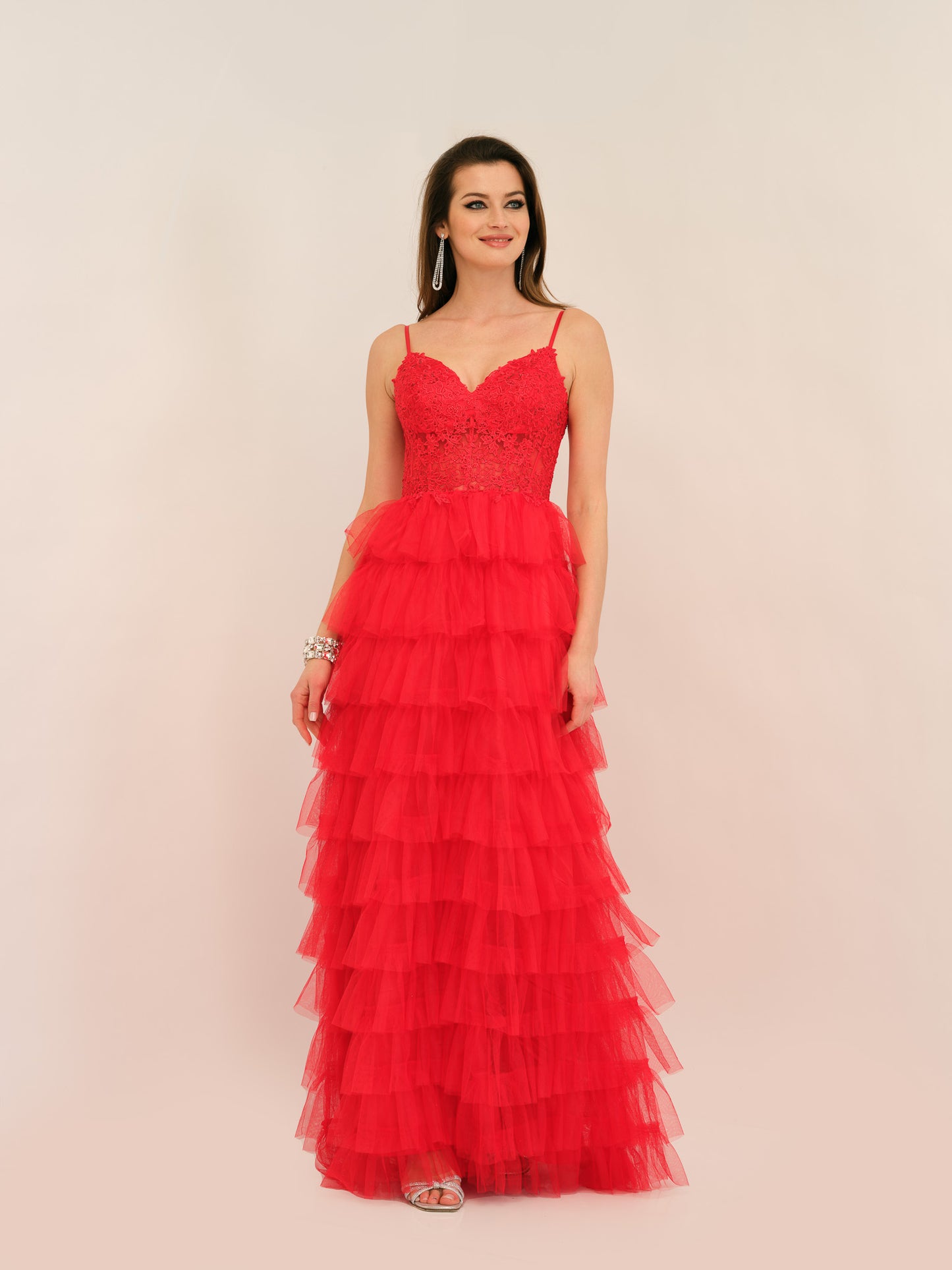 TIERED TULLE GOWN WITH CORSET LACE TOP